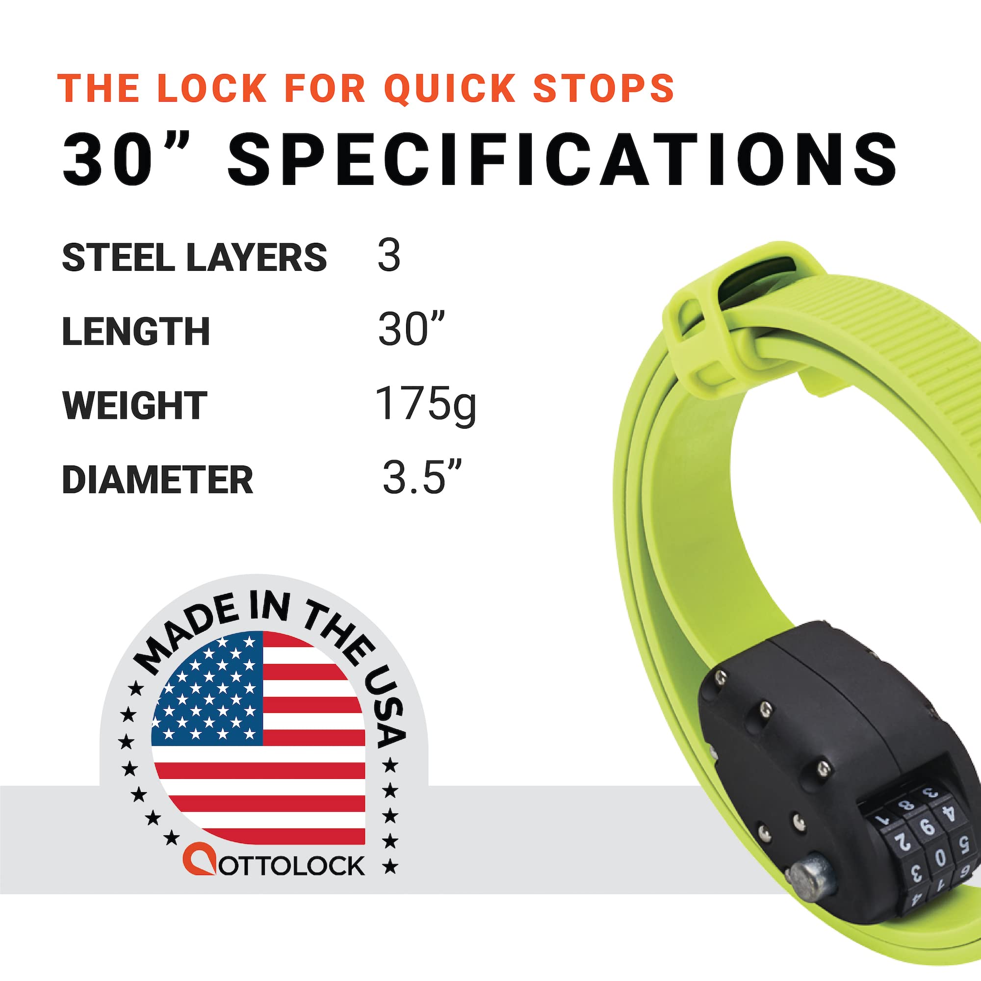 OTTOLOCK Combination Bike Lock | Lightweight & Compact | Theft Deterrent for Quick Stops | Cycling, E-Mobility, & Outdoor Gear (Flash Green, 30 Inch)