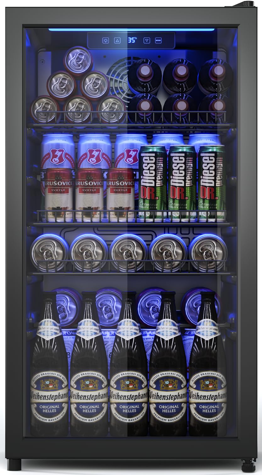 3.2 Cu.Ft Beverage Fridge, Mini Fridge With Glass Door, Beverage Cooler Refrigerator, Wine Drink Beer Fridge, Adjustable Shelves & Digital Temperature Display, 26 Bottle 128 Can