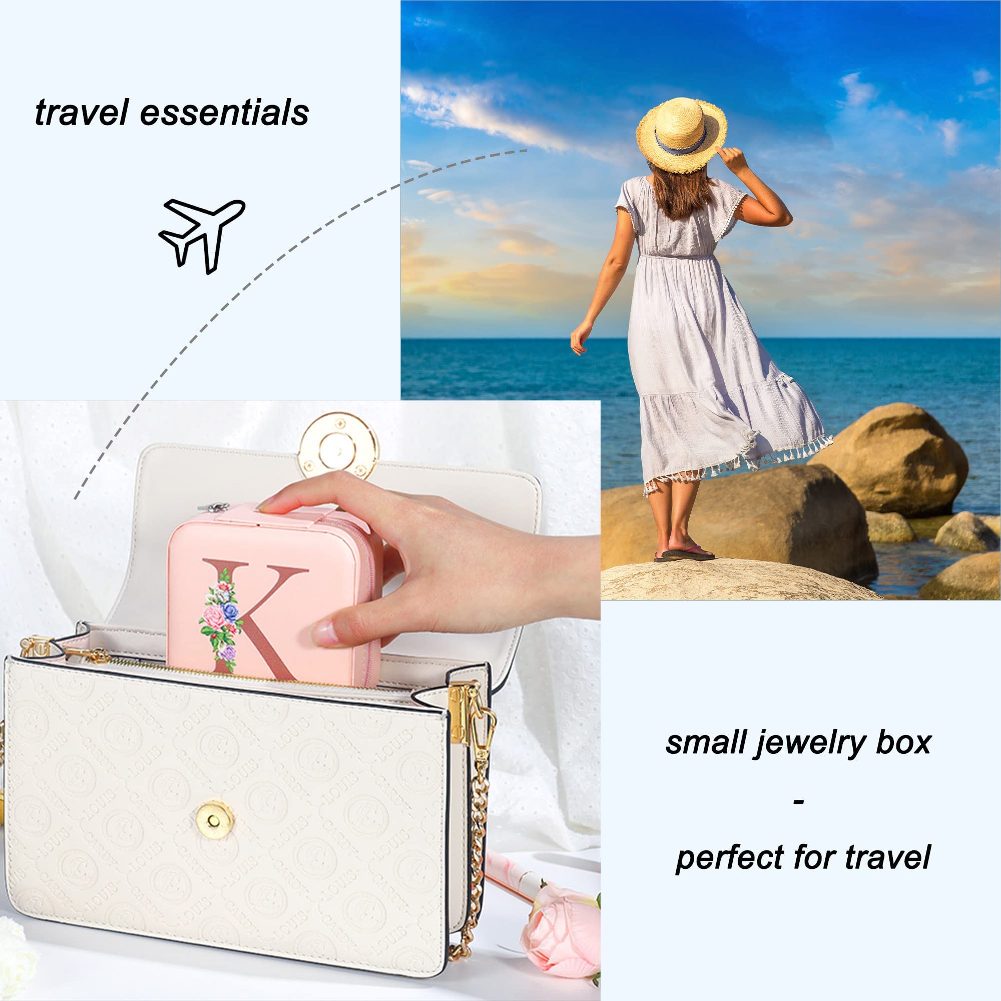 Yesteel Small Travel Jewelry Case Jewelry Box Jewelry Organizer, Ring Box Earring Box Travel Jewelry Organizer Jewelry Boxes for Women, Travel Essentials Travel Accessories Letter K