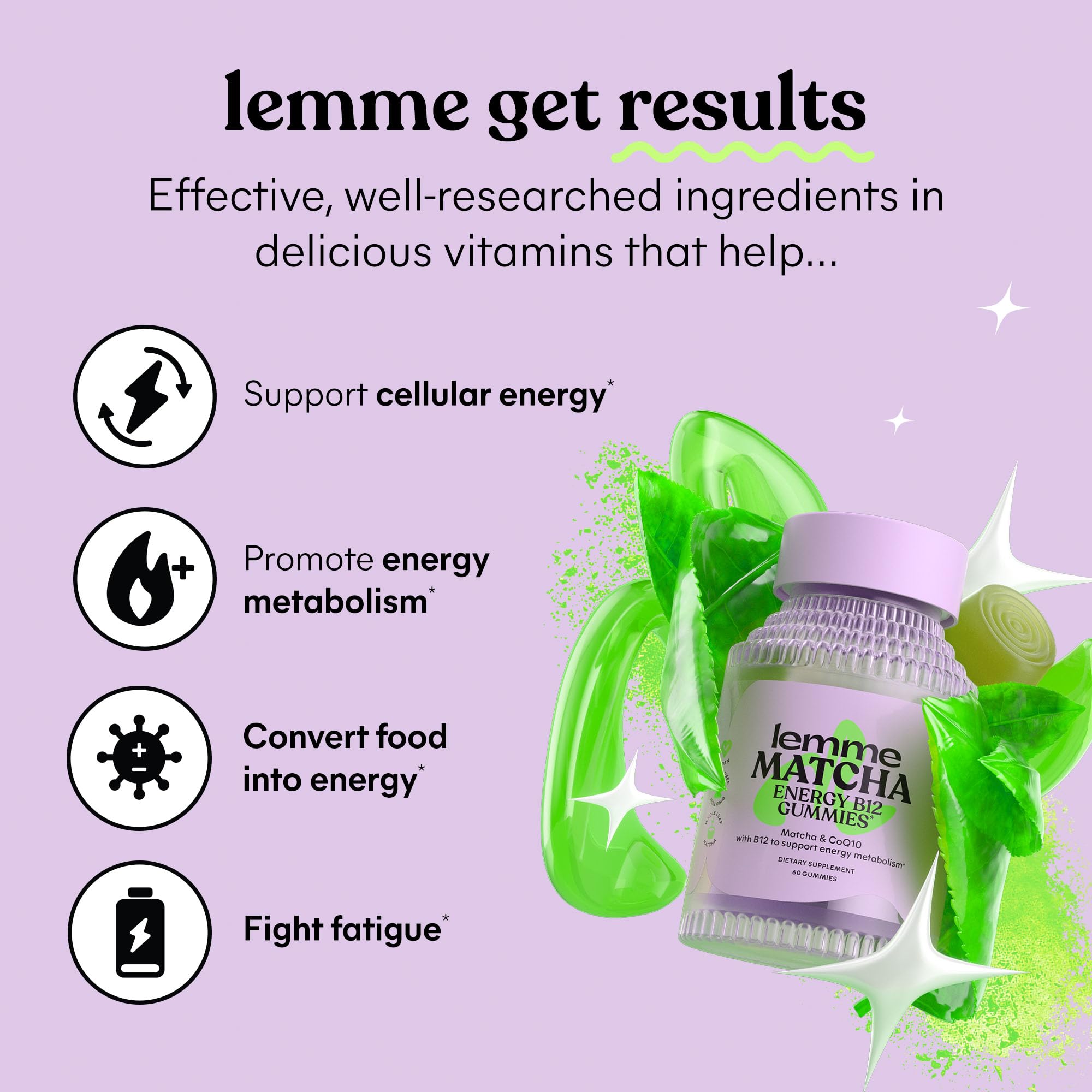 Lemme Matcha Superfood Energy Gummies with Organic Matcha Green Tea, Vitamin B12 and Antioxidant CoQ10 to Support Cellular Energy, Metabolism & Healthy Skin - Vegan, Gluten Free, Non GMO (60 Count)