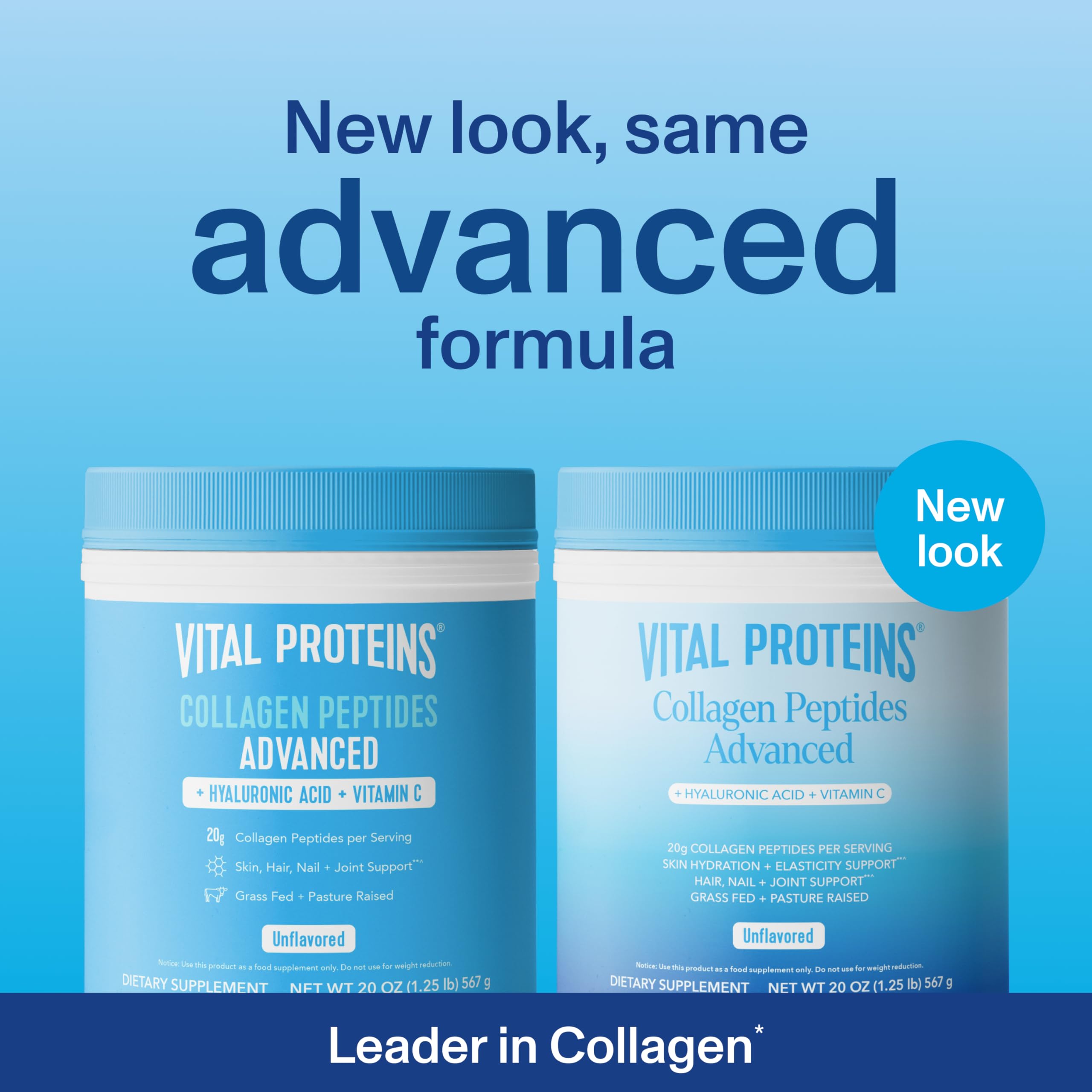 Vital Proteins Collagen Peptides Powder with Hyaluronic Acid and Vitamin C, Unflavored, 20 oz