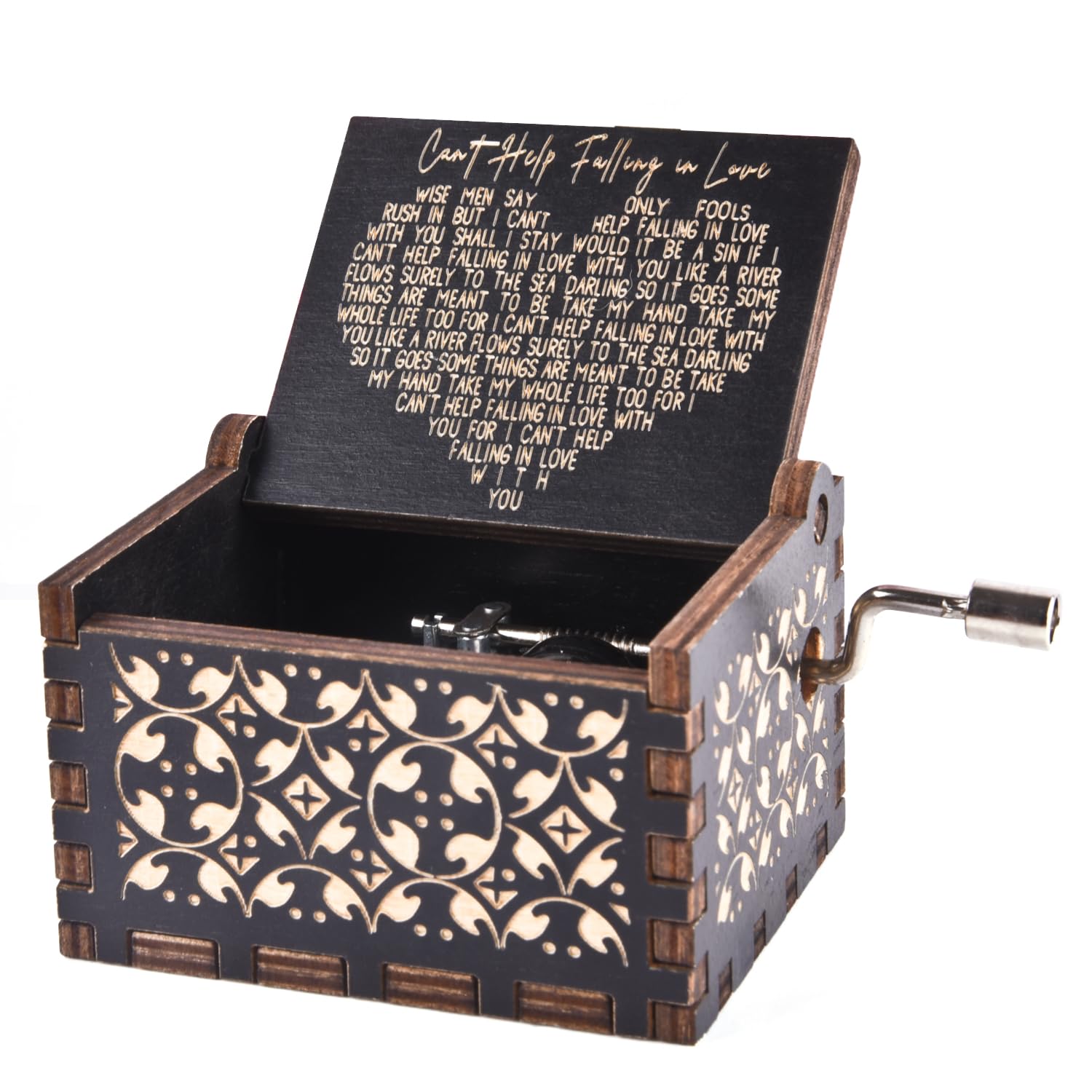 Can't Help Falling in Love Wood Music Box, Antique Engraved Musical Boxes Case for Love One Wooden Music Box - Gifts for Lover, Boyfriend, Girlfriend, Husband, Wife (BLACK)