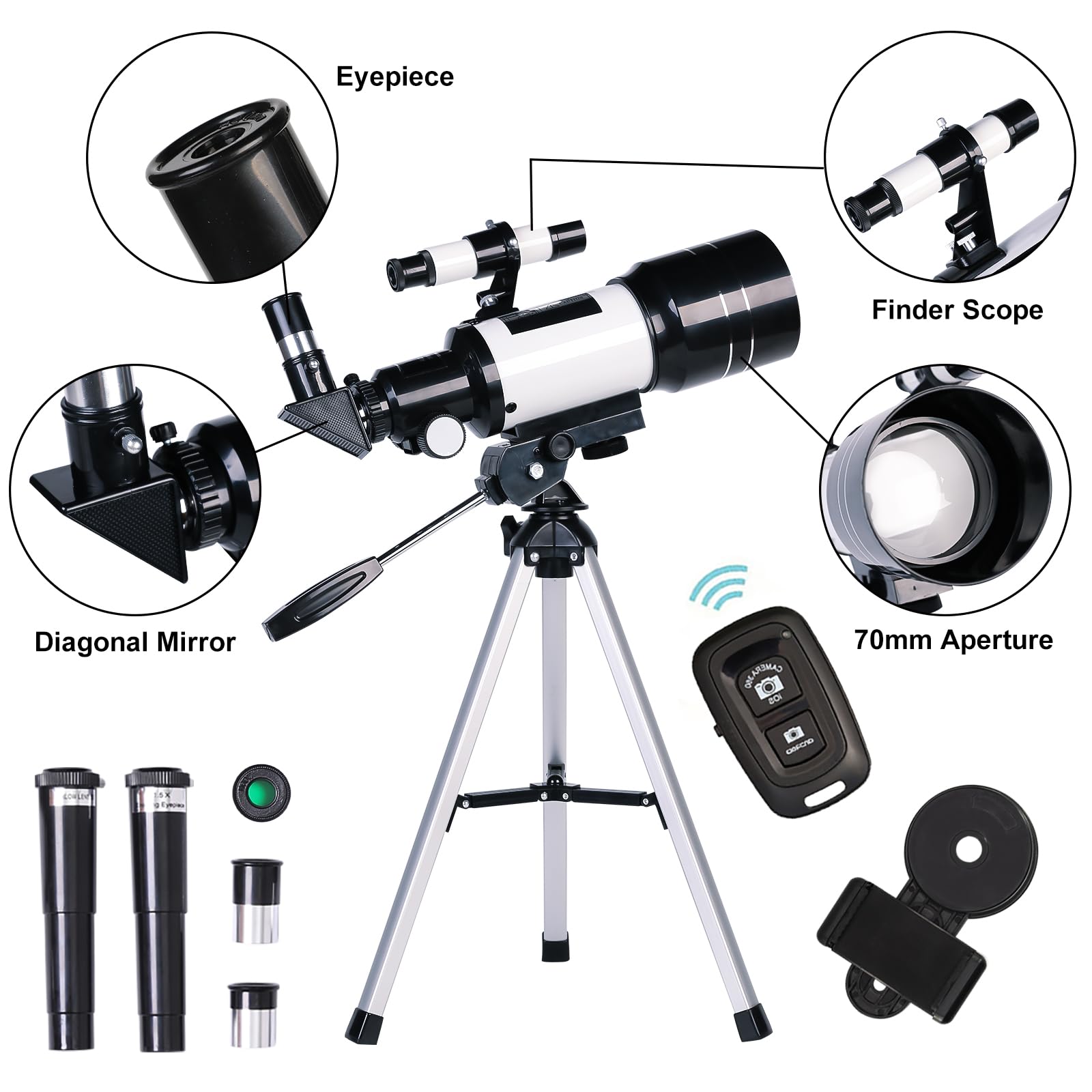 Telescope for Adults & Kids, 70mm Aperture Refractor Telescopes (15X-150X) for Astronomy Beginners, Portable Travel Telescope with Phone Adapter & Wireless Remote, Astronomy Gifts for Kids BLACK