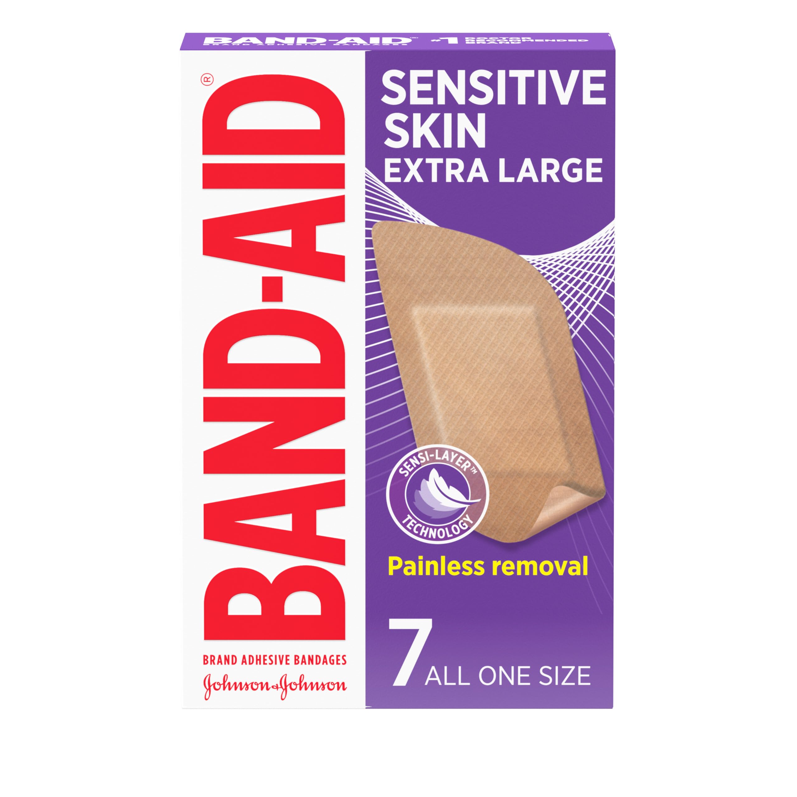 Band-Aid Brand Adhesive Bandages for Sensitive Skin, Hypoallergenic First Aid Bandages with Painless Removal, Stays on When Wet & Suitable for Eczema Prone Skin, Extra Large Size, 7 ct