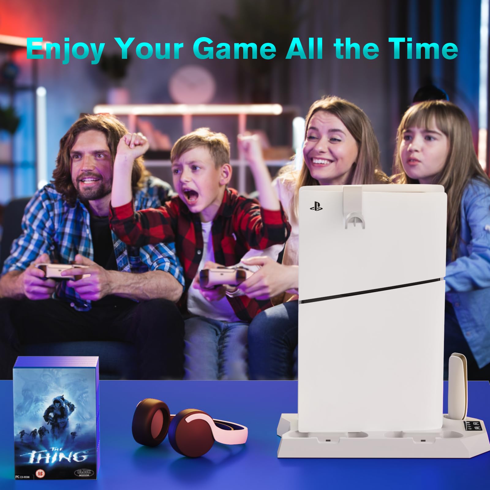 Cooling Stand Compatible with PS5, Cooling Station for PS5 & PS5 Slim Console Disc/Digital Edition, Charging Station with Dual Controller Charger, 3 Levels Cooling Fan, 3 USB Hubs & Headset Holder