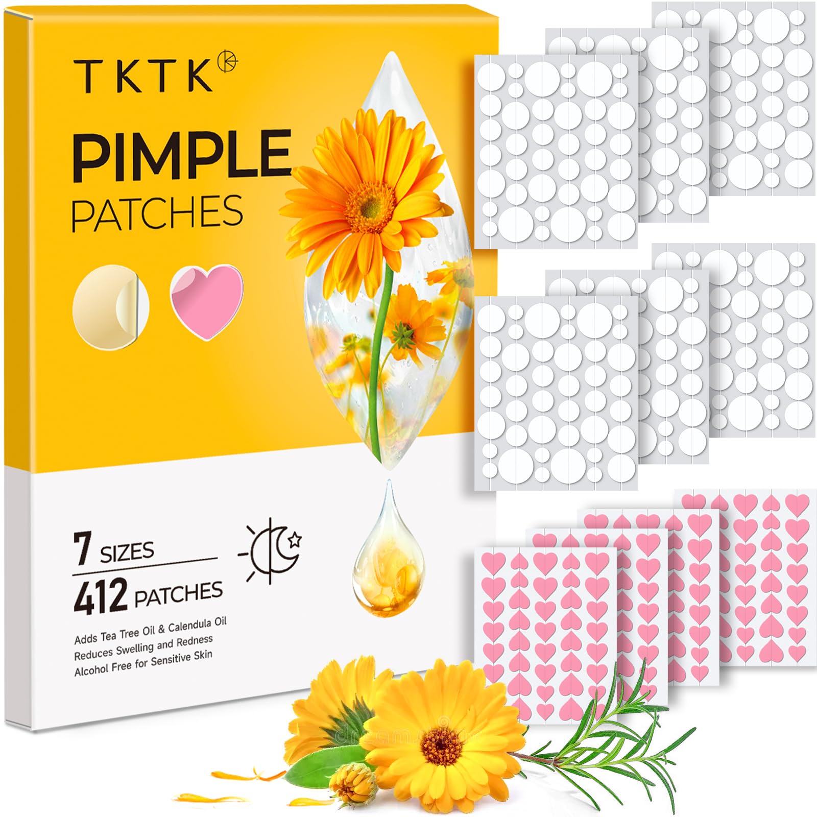 Pimple Patches for Face 7 Sizes Day and Night Acne Patches Heart Zit Patches Cute Spot Stickers with Tea Tree & Centella Oil, Strong Adhesion Zit Covers (412 Count)