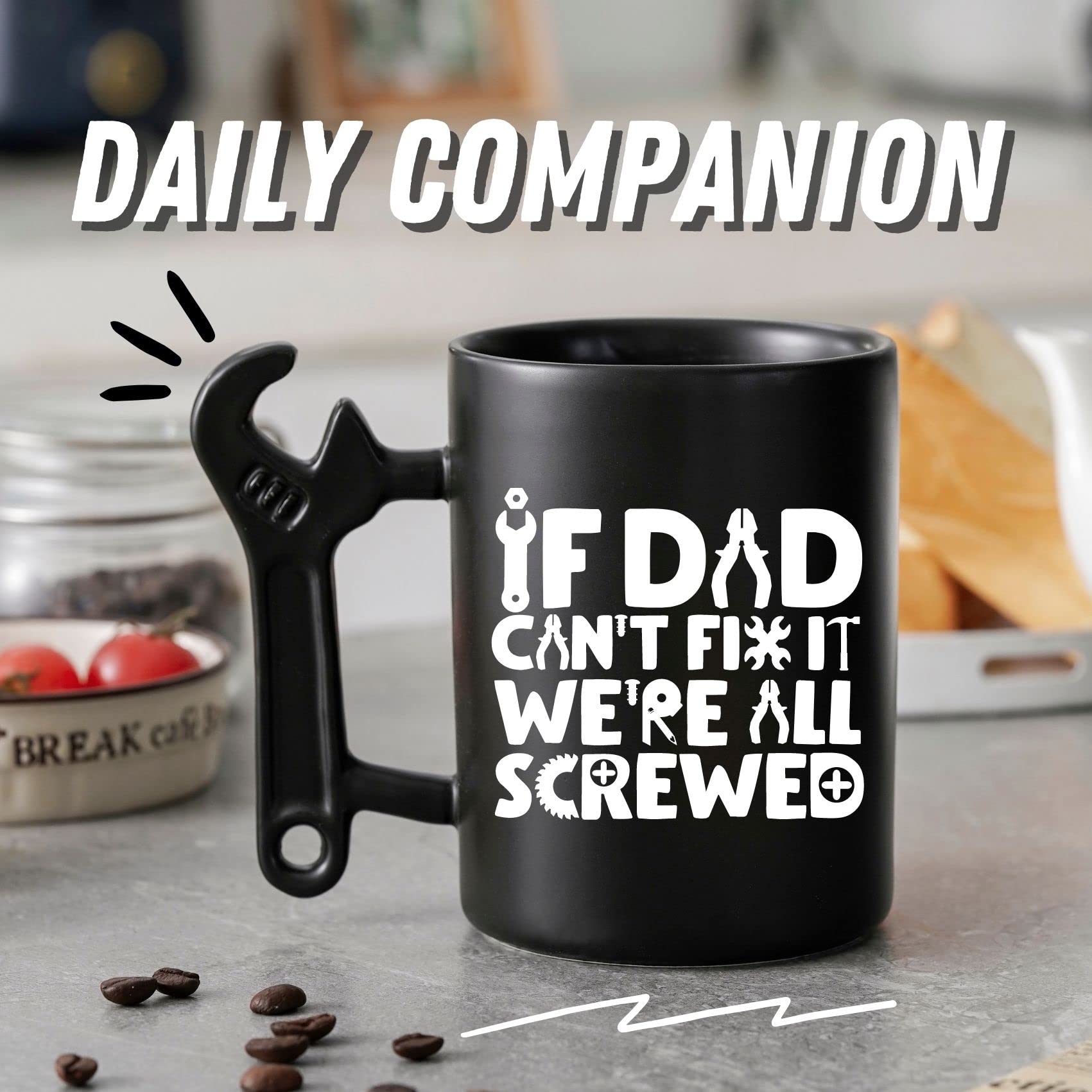 Onebttl Dad Gifts Coffee Mug with Wrench Spanner Handle, Gifts for Dad from Daughter and Son, 13.5oz Funny Ceramic Mug for Father on Birthday, Father's Day, Christmas - Dad Can Fix