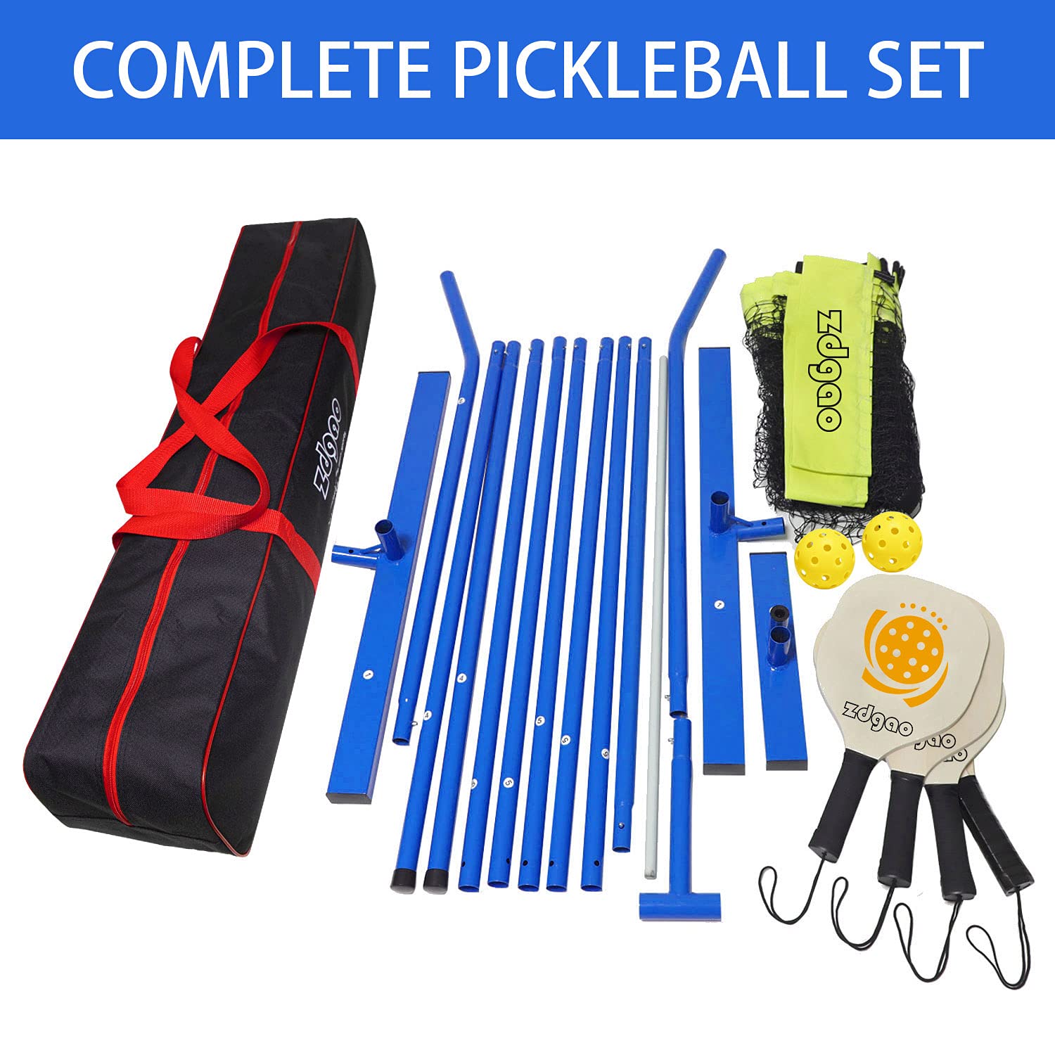 Zdgao Pickleball Set with Net - 22 FT Pickleball Nets Portable Outdoor Regulation Size, with 4 Pickleball Paddles and 2 Outdoor Pickleball Balls for Driveway Backyard