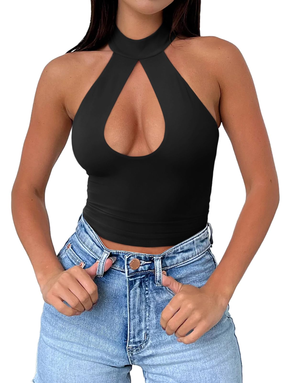 REORIA Women's Sexy Criss Cross Halter Neck Trendy Summer Sleeveless Nightout Cute Y2K Clubwear Going Out Cutout Crop Tops Summer Tops for Women Concert Outfits for Women (Black Medium)