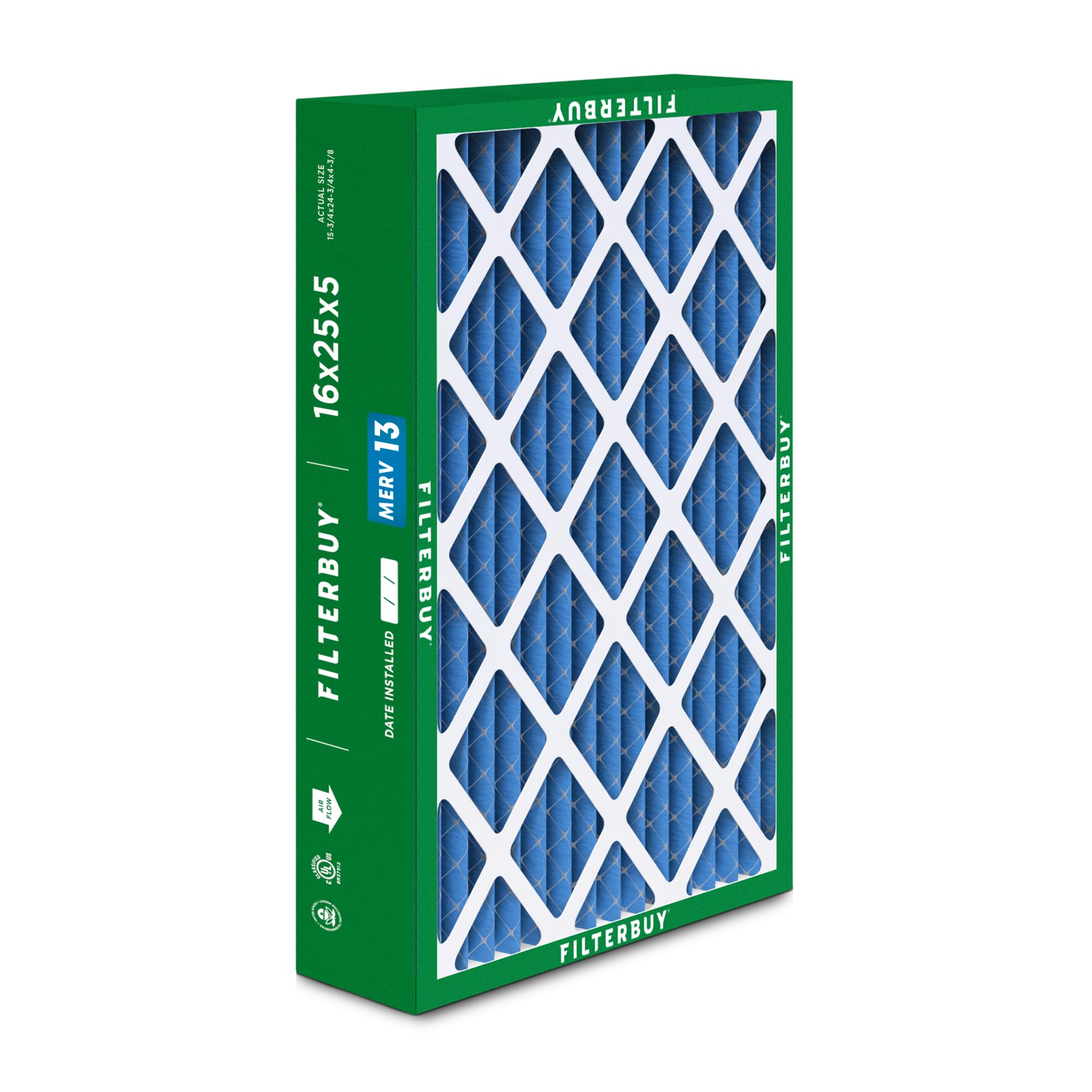 Filterbuy 16x25x5 Air Filter MERV 13 Optimal Defense (2-Pack), Pleated HVAC AC Furnace Air Filters for Honeywell FC100A1029, Lennox X6670, Carrier, & More (Actual Size: 15.75 x 24.75 x 4.38 Inches)