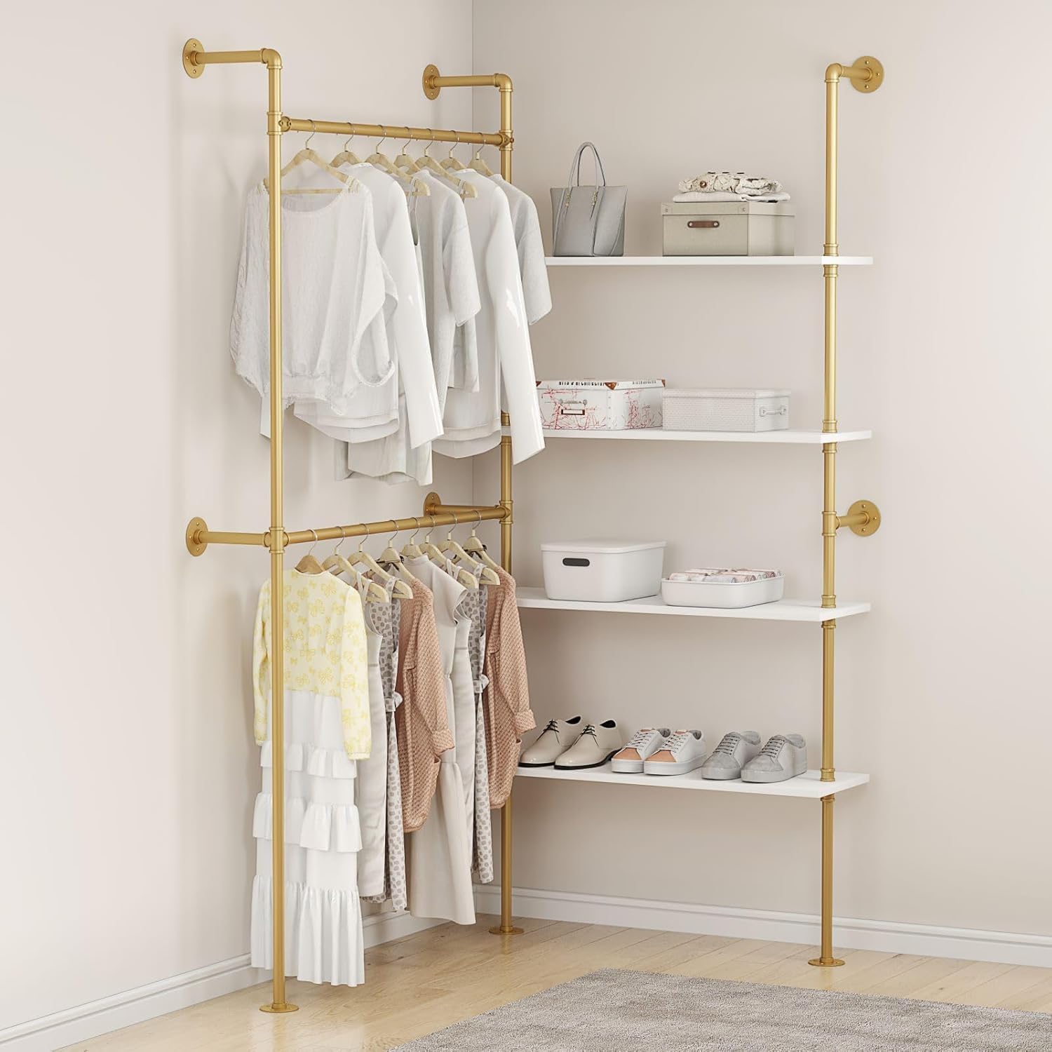 Woskar Industrial Pipe Clothing Rack, Hanging Rods Clothes Rack with Shelves, Clothes Rack for Wardrobe, Corner Closet System for Walk in Closets (Gold)