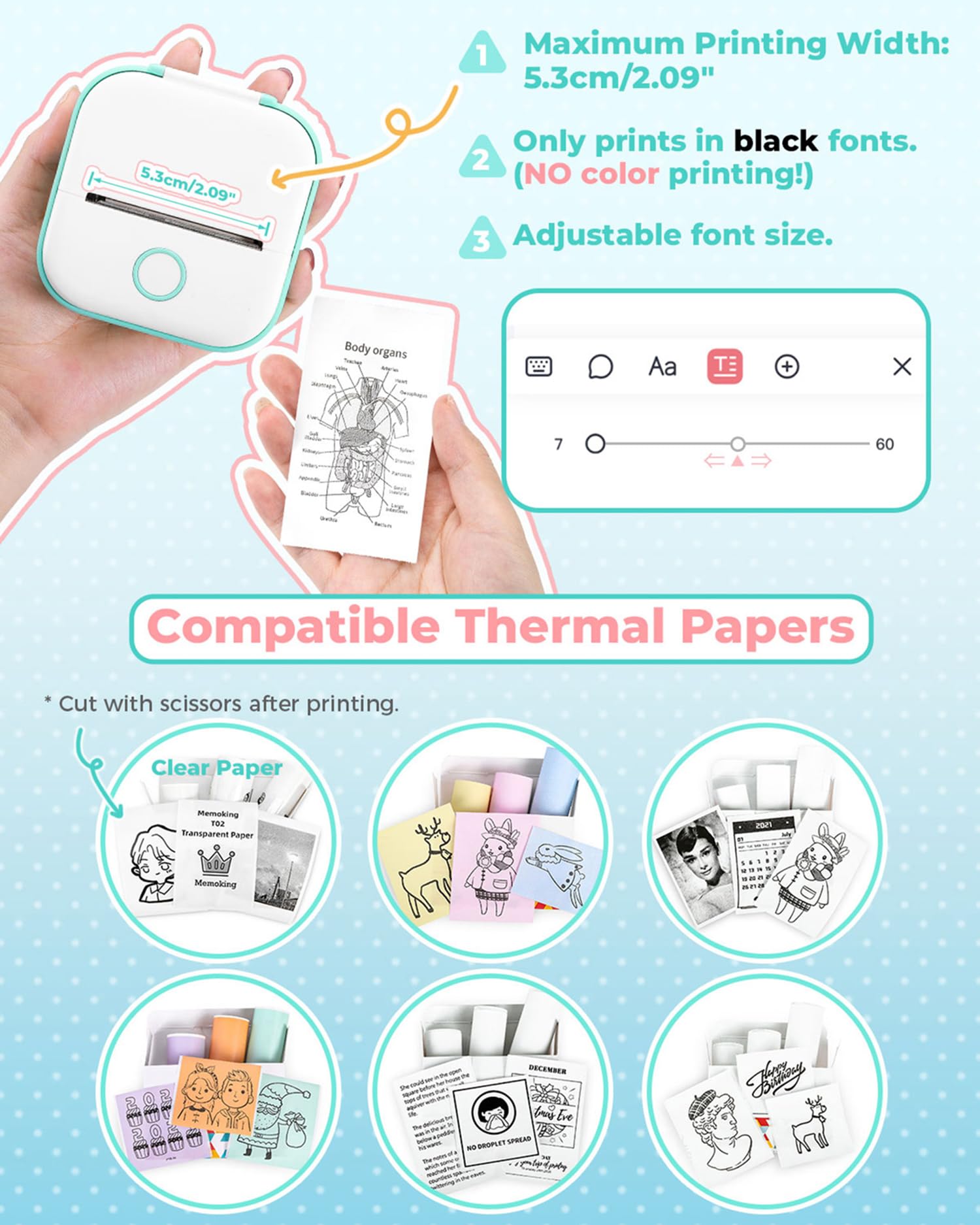 Memoking Print Pods Mini Printer - Sticker Printer T02 Portable Thermal Printer Inkless Sticker Maker Machine Bluetooth Pocket Printer Phone Printer for Study Graphics, Anatomical Diagrams, Photos