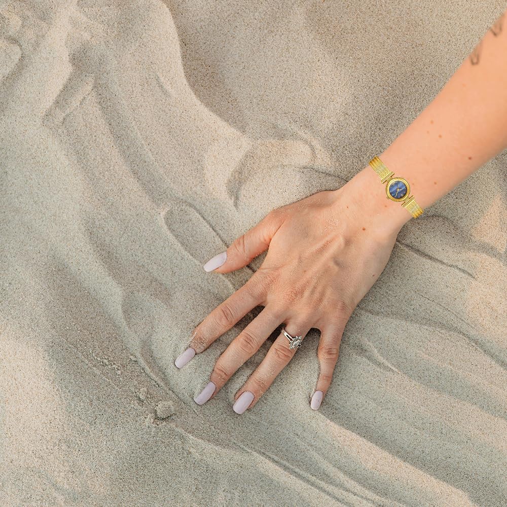 BESTKANG Elegant Women's Watch with Stainless Steel Mesh Band - Stylish Minimalist Design, Water-Resistant, Perfect for Casual & Formal Occasions (Gold Blue)