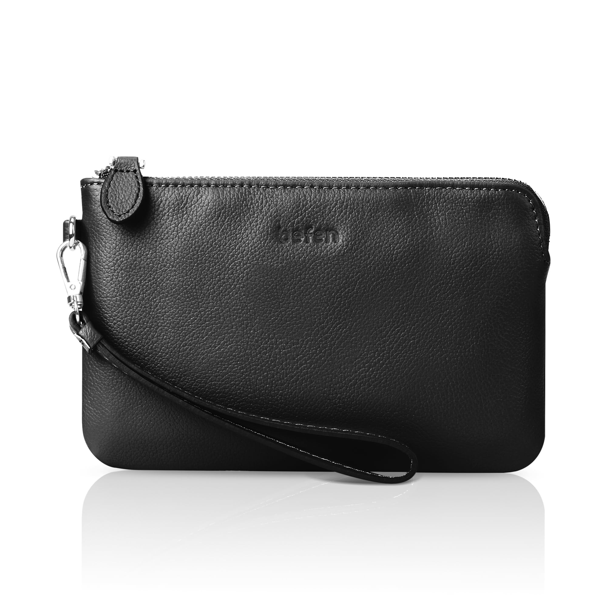 befen Women's Genuine Leather Wristlet Clutch Purse Ladies Slim Corner Zip Wallets, Silver Zipper (A01 Black)