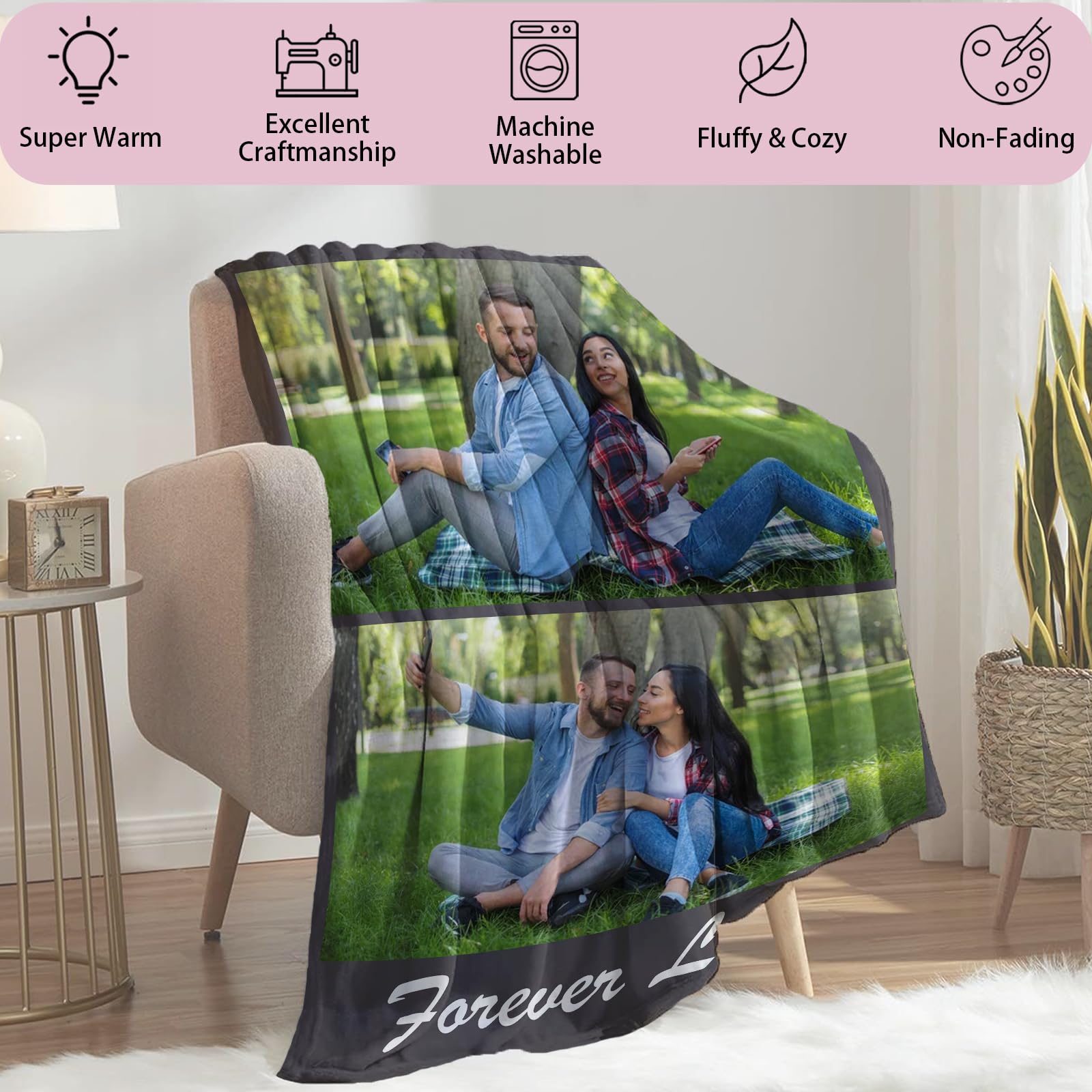 Custom Valentines Day Blanket with Picture Name, Custom Photo Throw Blankets Gifts for Him/Her, Personalized Gift from Boyfriend Girlfriend Wife Husband Couple, Customized Birthday Gifts Ideas