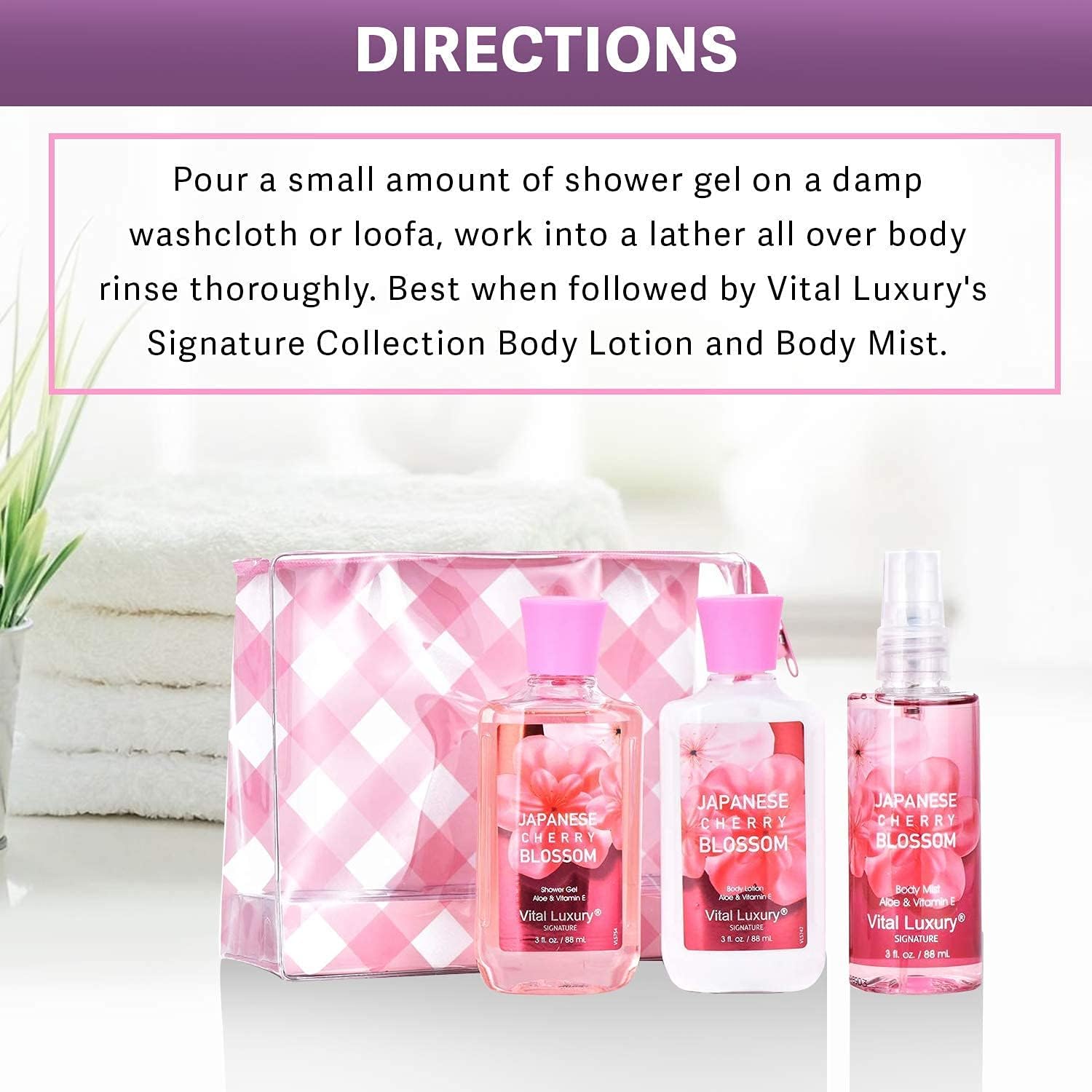 Vital Luxury Bath & Body Kit Japanese Cherry Blossom, 3 Fl Oz, Ideal Skincare Gift, Home Spa Set, Includes Body Lotion, Shower Gel and Fragrance Mist, Perfect for Christmas Gifts and Festive Pampering