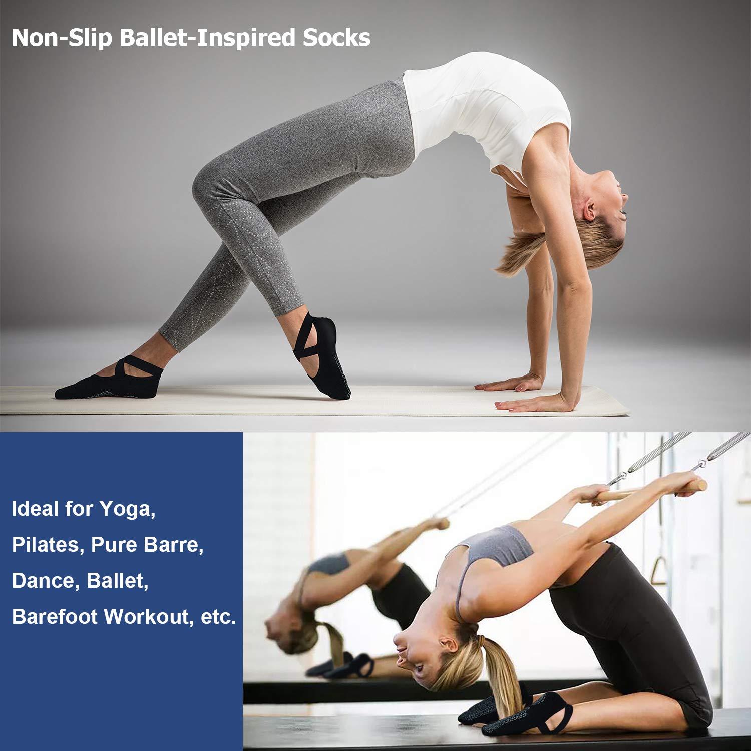 Ozaiic Yoga Socks for Women Non-Slip Grips & Straps, Ideal for Pilates, Pure Barre, Ballet, Dance, Barefoot Workout