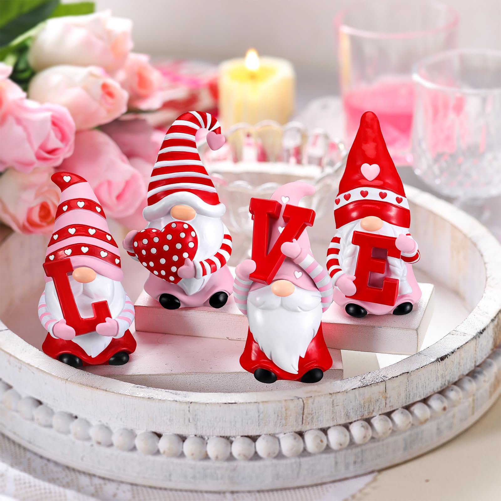 ShinyRelief 4 Pcs Valentine's Day Figurines Resin Gnome Tabletop Love Heart Sculpture Decoration Valentine Pink Table Centerpiece for Dining Room Home Party Supplies Gifts Decor