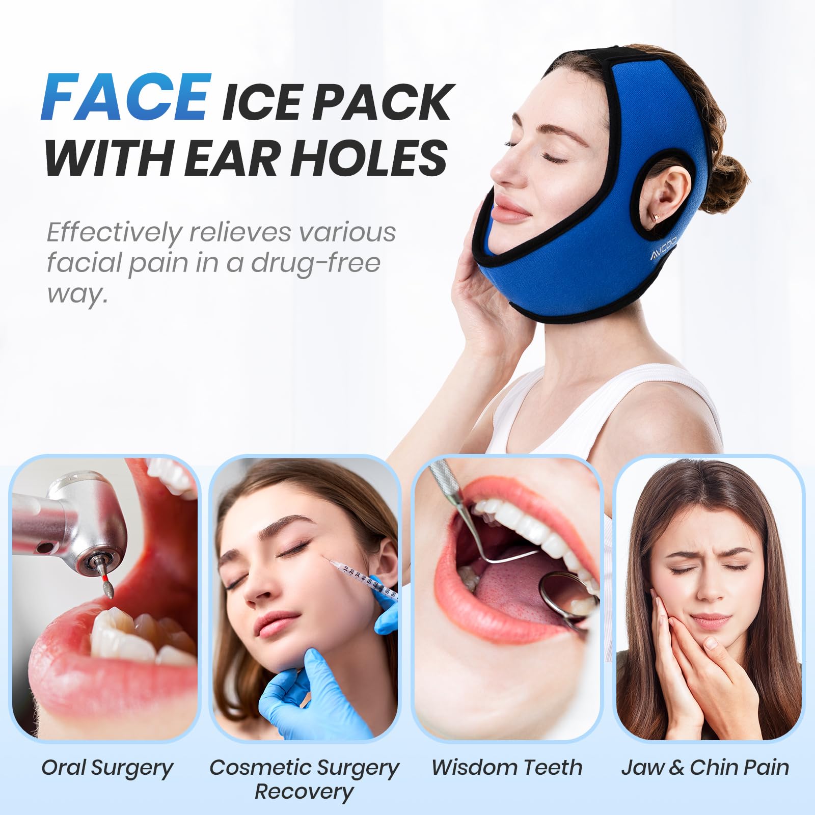 AVCOO Wisdom Teeth Ice Pack Head Wrap with Aluminum Foil Layer for Longer Cold Therapy, Jaw Ice Pack for Face with Ear Cutout Design for Snug Fit, 4 Reusable Ice Bags for Facial Oral Surgery, TMJ Pain