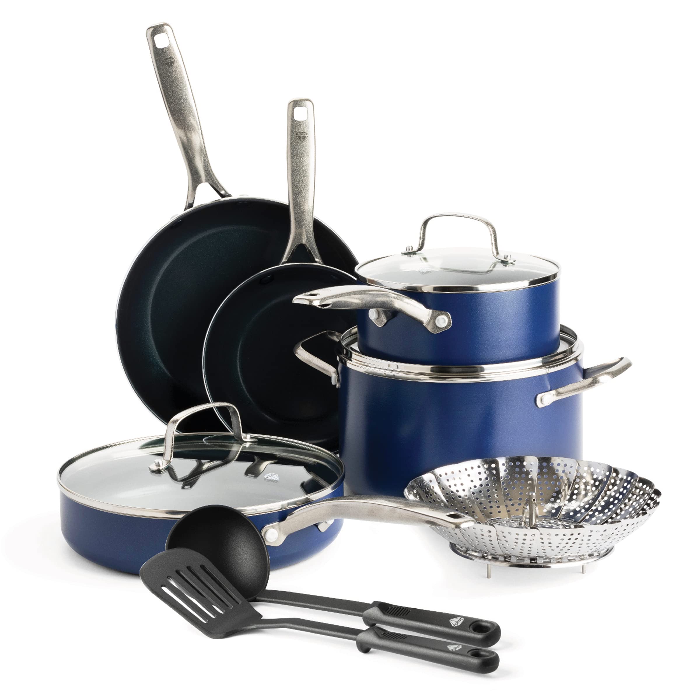 Blue Diamond 11 Piece Cookware Set, Diamond Infused PFAS & PFOA-Free Ceramic Nonstick Pots and Pans, Durable Nontoxic Metal Utensil Safe & Scratch Resistant, Dishwasher & Oven Safe, Blue