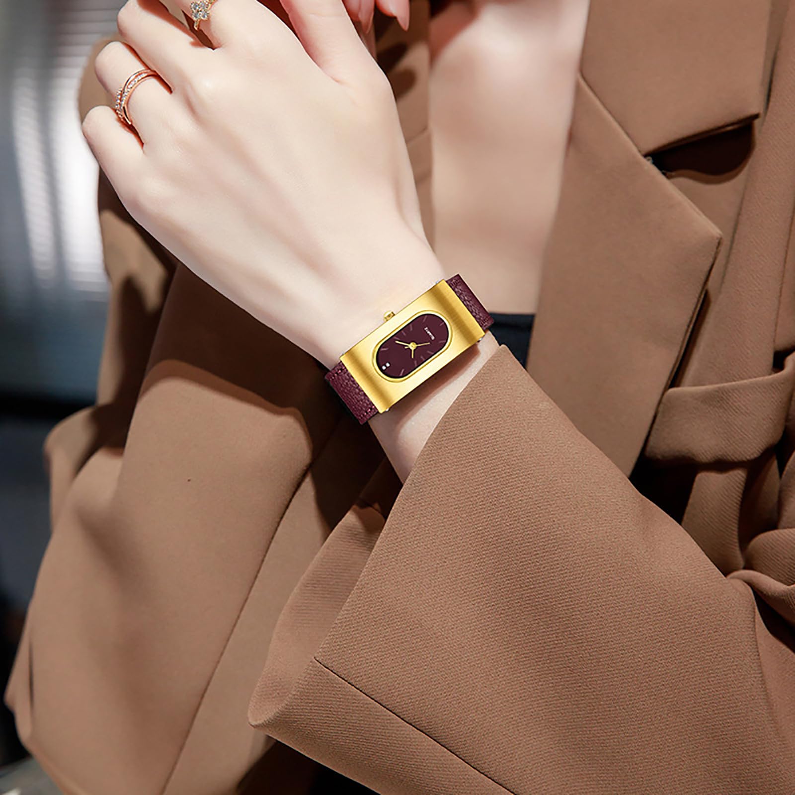 BESTKANG Vintage Women's Watch Leather Oval Rectangle Gold Luxurious Ladies Wristwatch Elegant Watches for Women (Red Gold)