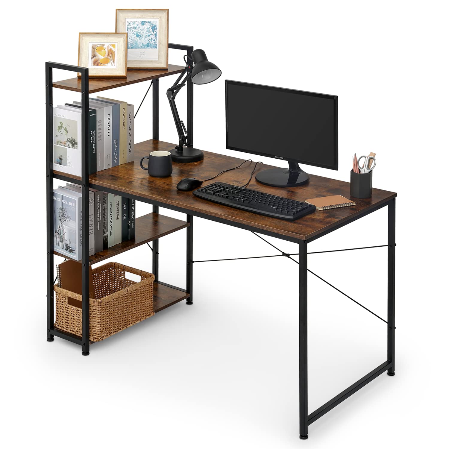 MoNiBloom Computer Desk with 4 Tier Storage Shelves, 47 Inches Home Office Study Writing Desks with Display Bookshelf, Rustic Brown