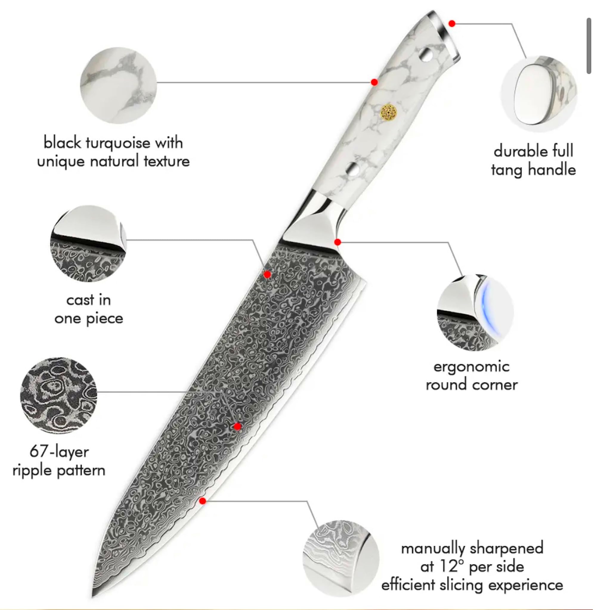 8-Inch Japanese Style Chef Knife – VG-10 Damascus Steel Blade, Ultra-Sharp High-Carbon Core, Ergonomic White Turquoise Resin Handle, Professional Luxury Kitchen Knife for Home Chefs, Includes Gift Box