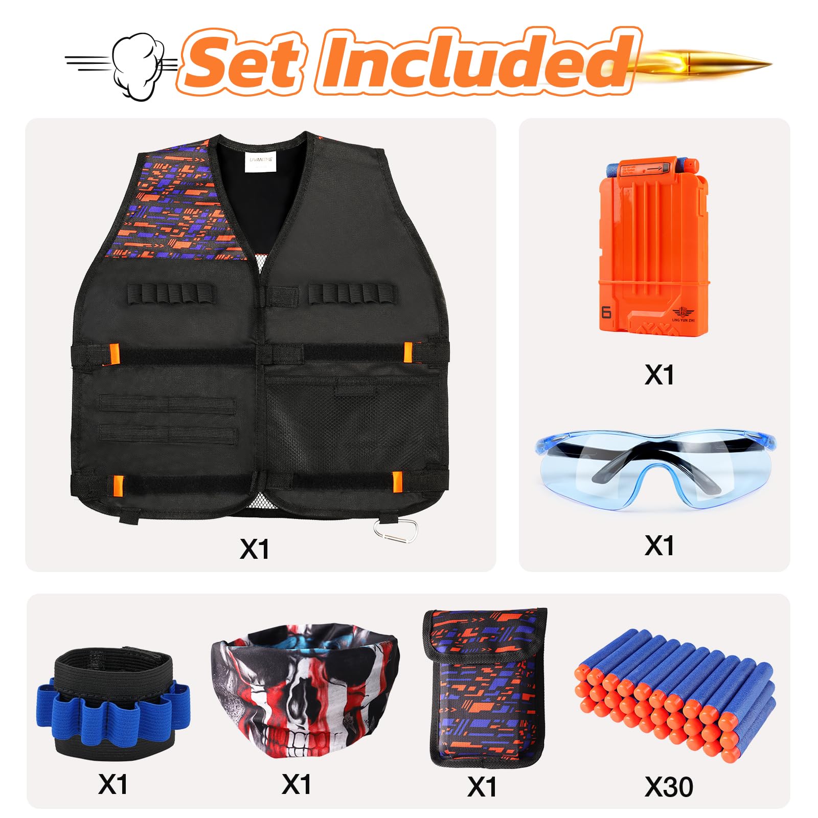 UWANTME Kids Tactical Vest Kit for Nerf Guns Elite Series with Refill Darts,Tactical Mask Wrist Band,Protective Glasses,Toys for 7 8 9 10 12 Year Old