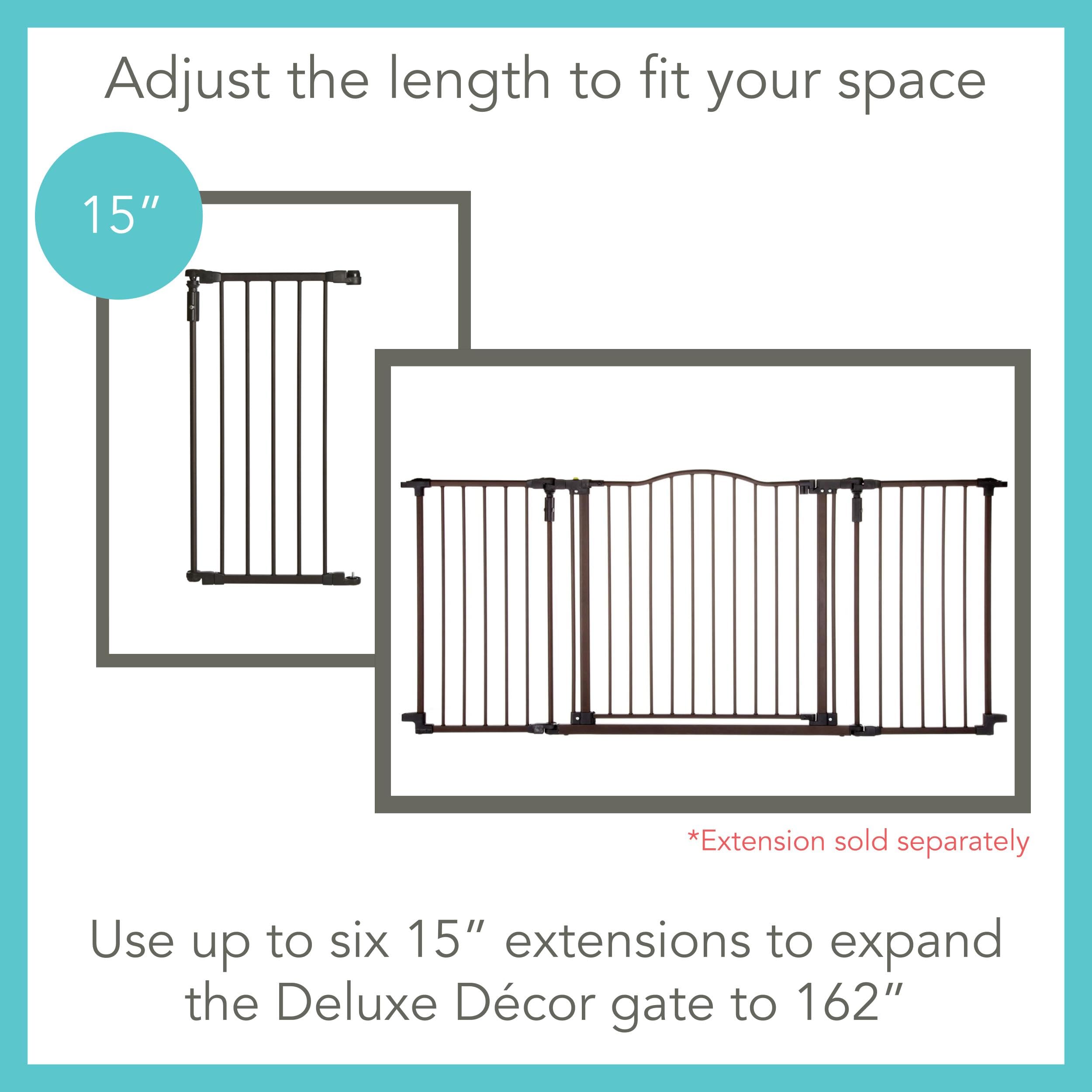Toddleroo by North States 72” wide Deluxe Décor Baby Gate: Sturdy safety gate with one hand operation. Extra wide baby gate. Hardware Mount. Fits 38.3 - 72” Wide. (30" Tall, Matte Bronze)