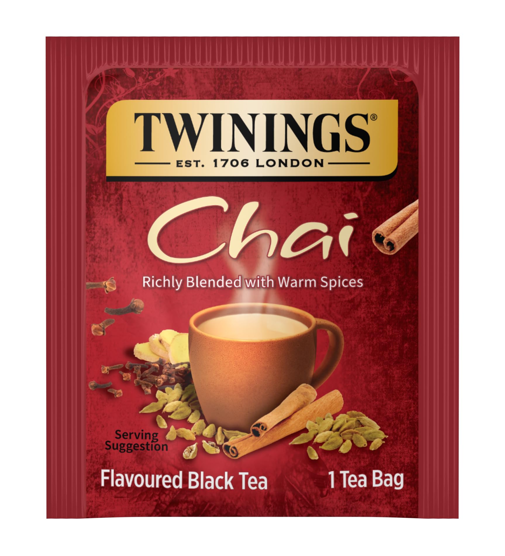 Twinings Chai Black Tea Individually Wrapped Bags, 100 Count (Pack of 1), Richly Blended with Warm Spices, Caffeinated, Enjoy Hot or Iced