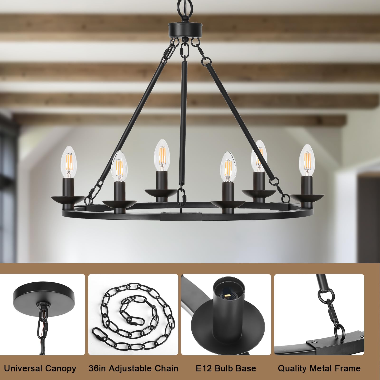 Black Farmhouse Chandelier, 6-Light Wagon Wheel Chandelier with Adjustable Height, Dining Room Light Fixture, Hanging Lights for Kitchen Island, Living Room, Bedroom, Entryway, E12 Base