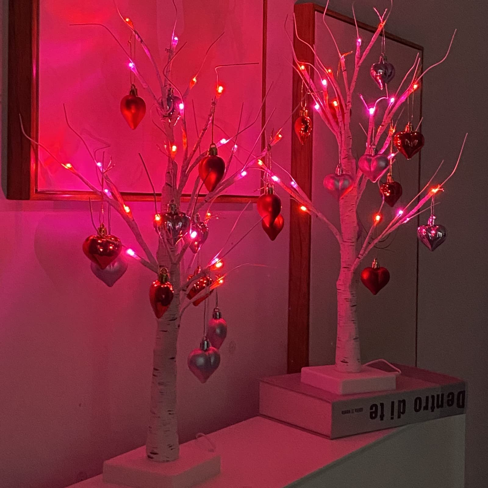 Efunly 2Pack Valentines Day Decor Lighted Birch Tree with Heart-Shaped Ornaments,USB&Battery Operated Light Up Artificial Tree for Home Indoor Bedroom Wedding Party Valentines Day Decoration