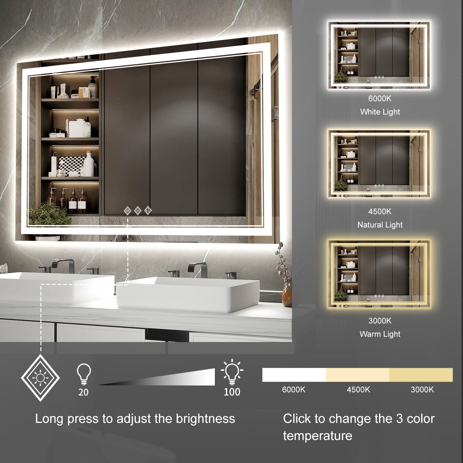 VanPokins LED Bathroom Mirror, 48x32 Inch Gradient Front and Backlight Lighted Vanity Mirror, 3 Colors Dimmable CRI>90 Double Lights, IP54 Enhanced Anti-Fog, Hanging Plate Wall Mount LED Light Mirror