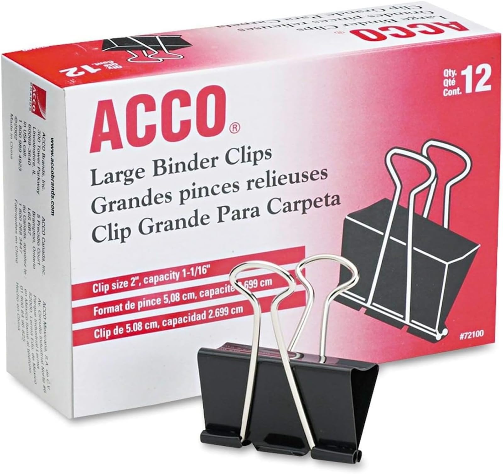 Acco Brand Binder Clips, Large, 1 Box, 12 Clips/Box (72100)