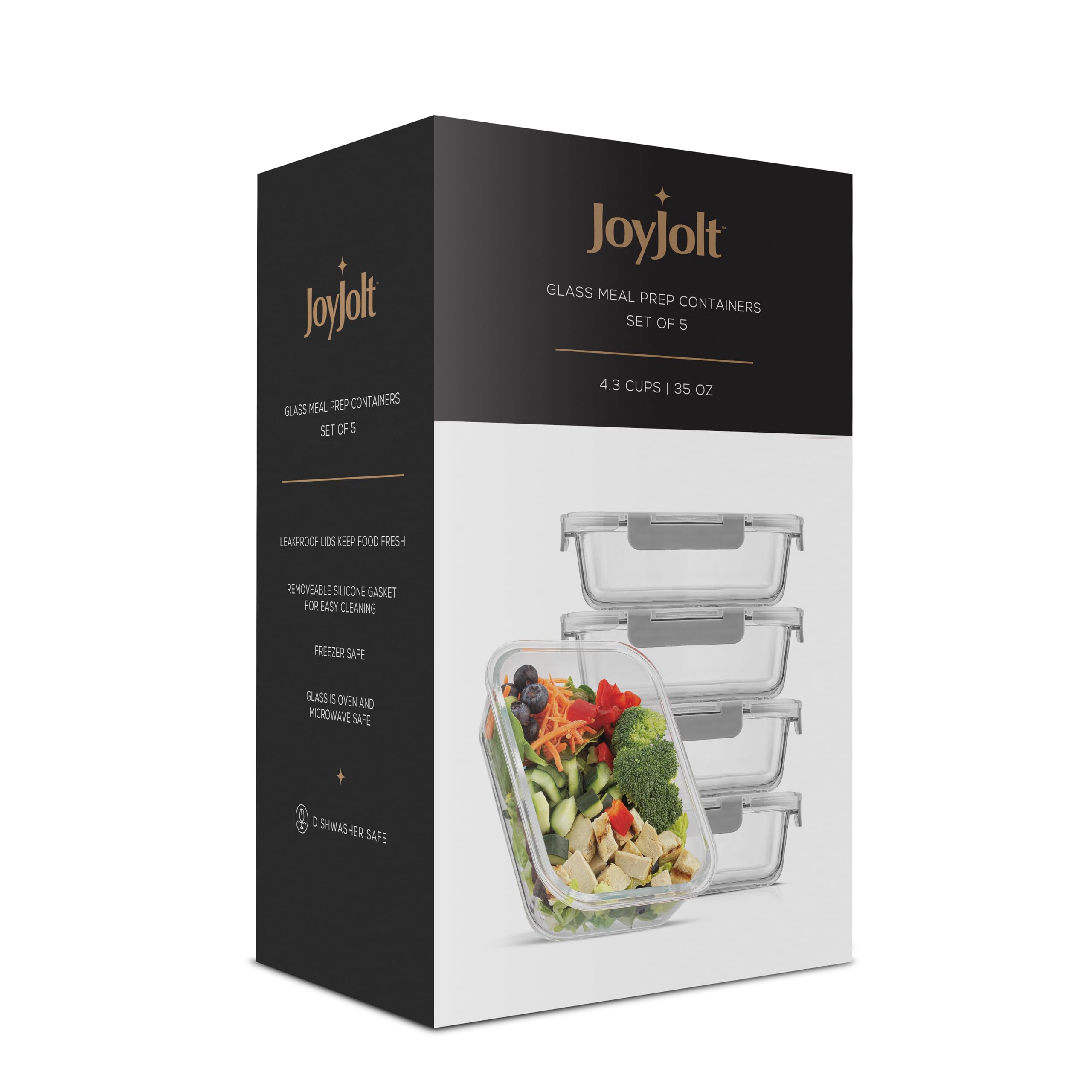 JoyJolt Glass Food Storage Containers with Lids. 5 Pack Glass Meal Prep Containers Reusable 35oz Single Compartment Airtight Container Set. Lunch Containers for Adults and Kitchen Storage Containers