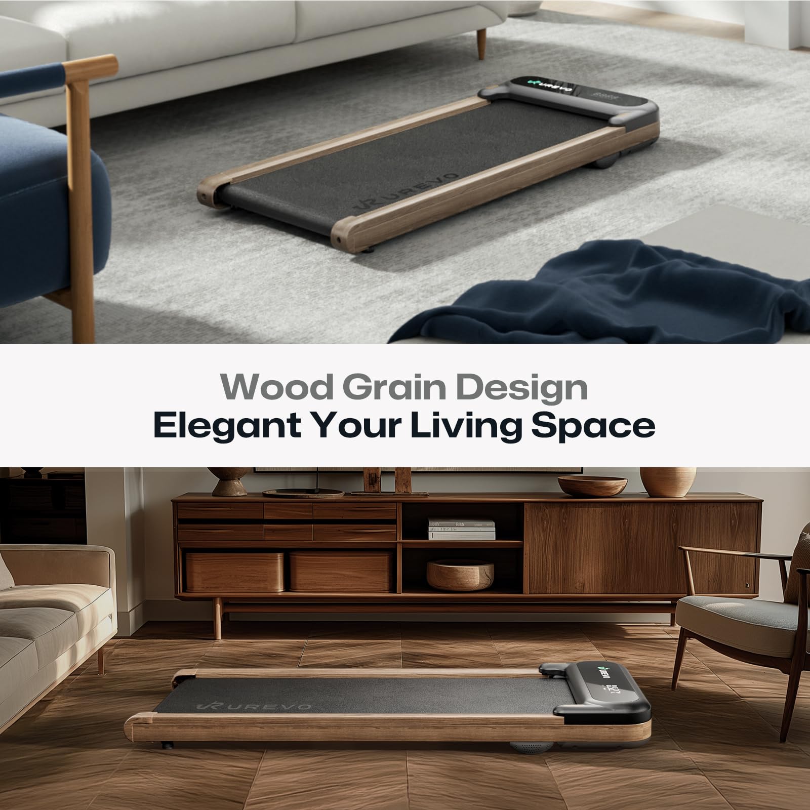 UREVO E4W Walking Pad, Wooden Treadmill Underdesk, Double Shock Absorption, Wood Grain Design, Workout APP with Track Insights, MIIT Mode, Plug and Play, Remote Control