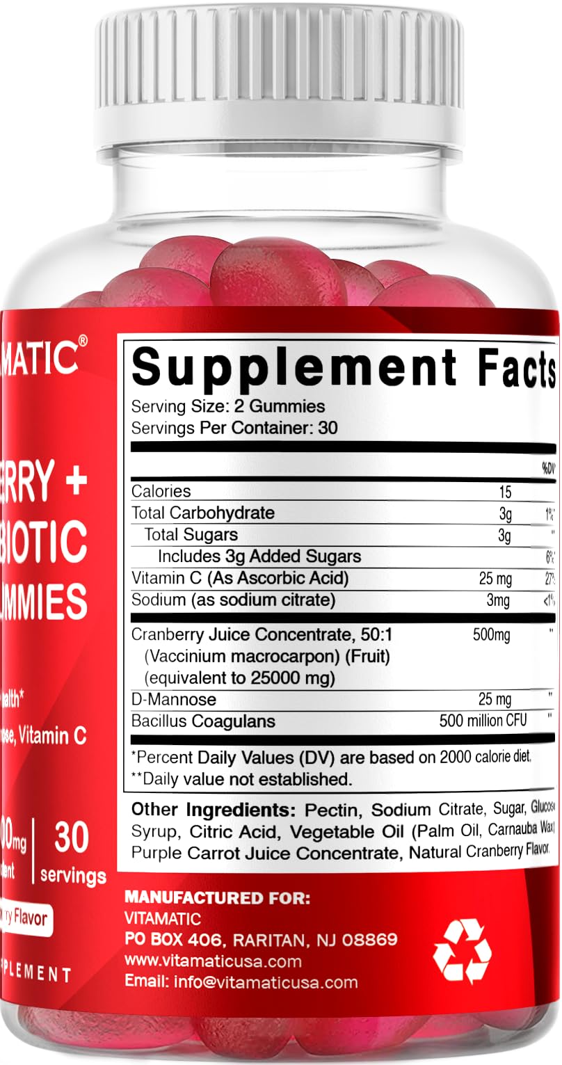 Vitamatic 2 Pack Vegan Cranberry Gummies, 25000 per Serving - Made with Probiotics, D-Mannose & Vitamin C - 60 Count - Supports Healthy Urinary Tract Function - (Non-GMO, Gluten Free)