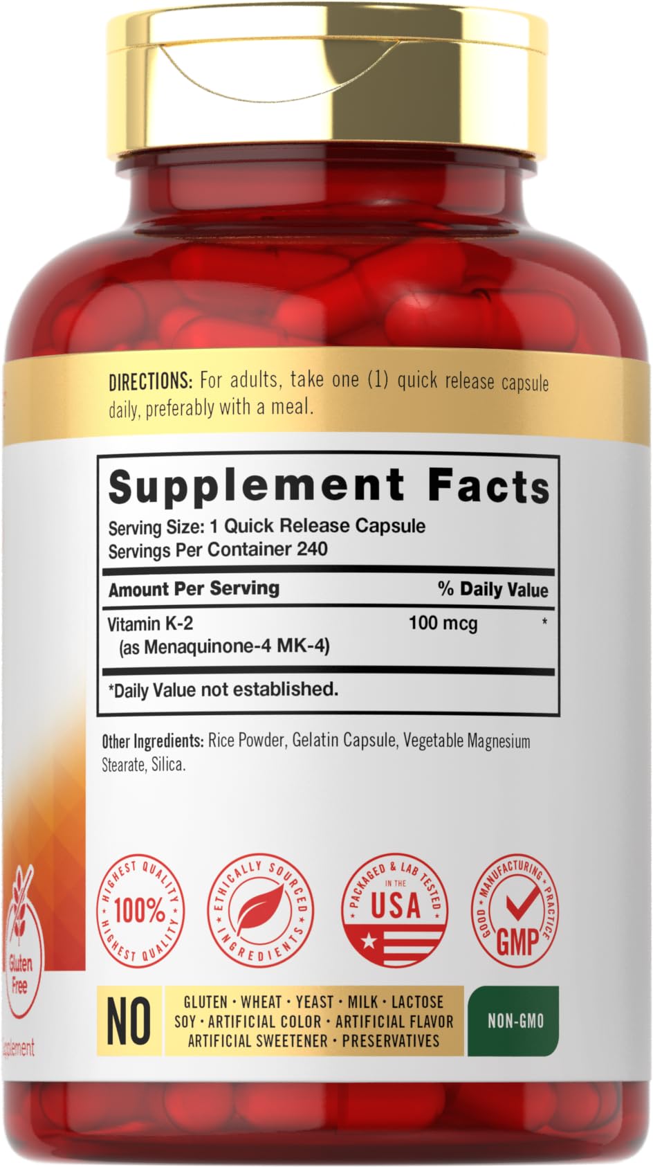 Carlyle Vitamin K2 Supplement 100 mcg | K2 MK-4 | 240 Capsules | Non-GMO & Gluten Free