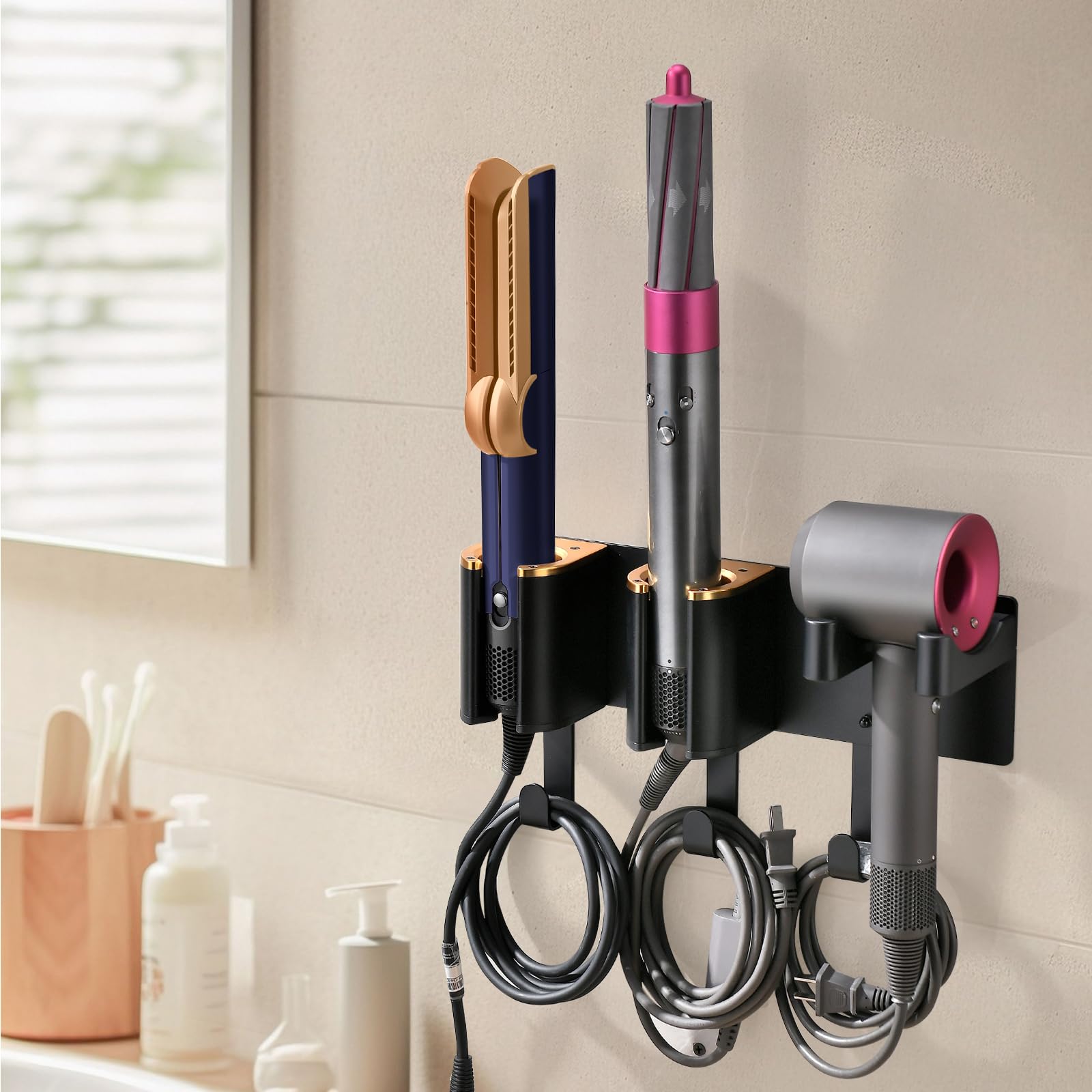 HAVICATO Hair Dryer Holder Wall Mount, Curling Iron Holder, 3 in 1 Hair Tool Organizer for Bathroom Vanity, Hair Straightener Holder, Aluminum Alloy Black