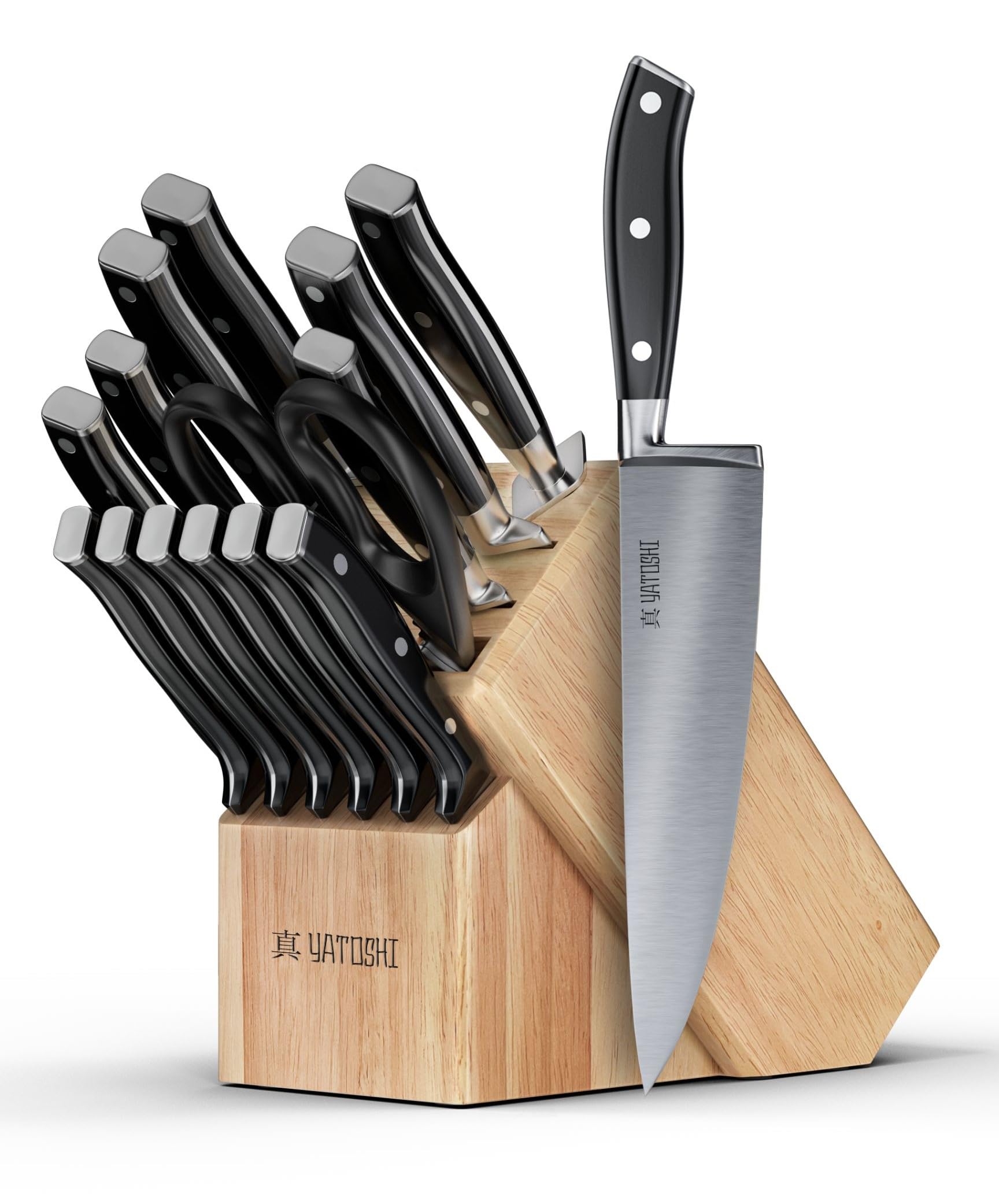 Yatoshi 15 Piece Black Knife Block Set - Pro Kitchen Knife Set Ultra Sharp High Carbon Stainless Steel with Ergonomic Handle