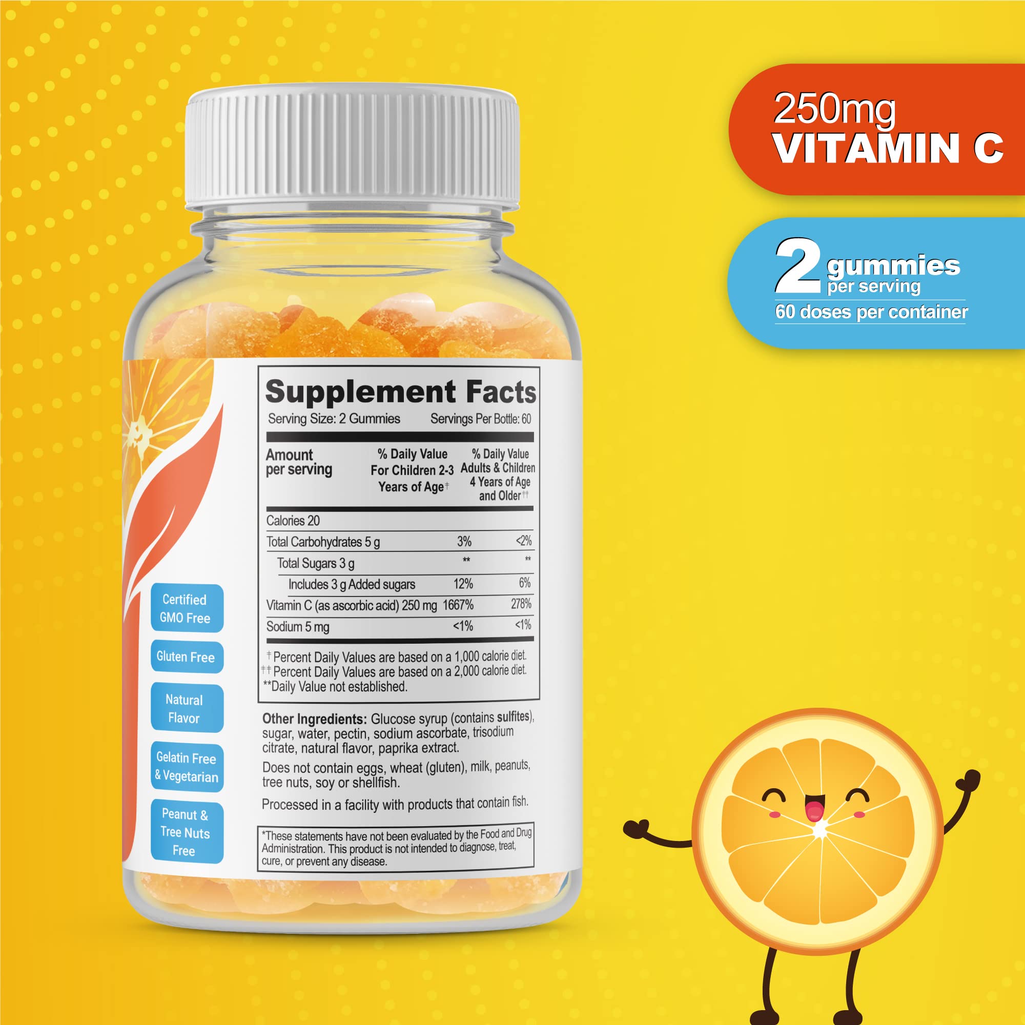 DOCTOR'S FINEST Vitamin C Gummies for Kids - Vegan, GMO Free & Gluten Free - Great Tasting Orange Flavor Pectin Chews - Kids Dietary Supplement - 250 mg of Vitamin C - 120 Jellies [60 Doses]