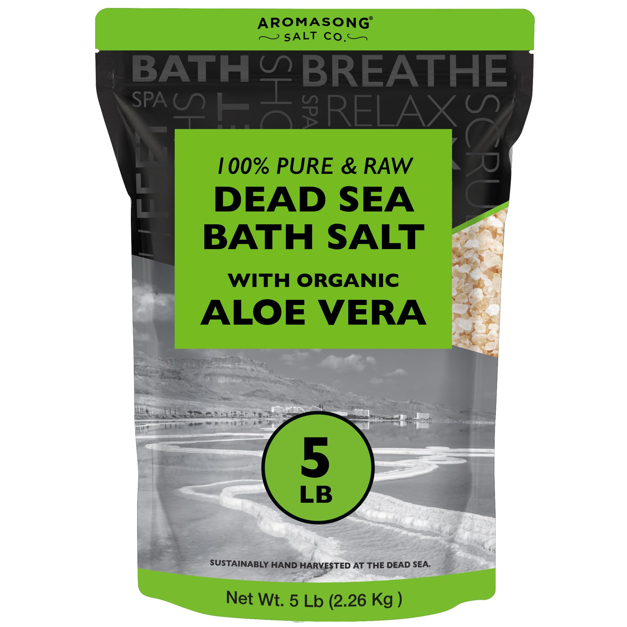 Aromasong 5 lbs Raw Dead Sea Salt with Organic Aloe Vera, not Cleaned, Still Contains All Dead sea Minerals Including Dead sea Mud, Fine Medium Grain Large resealable Bulk Pack (Packaging May Vary)