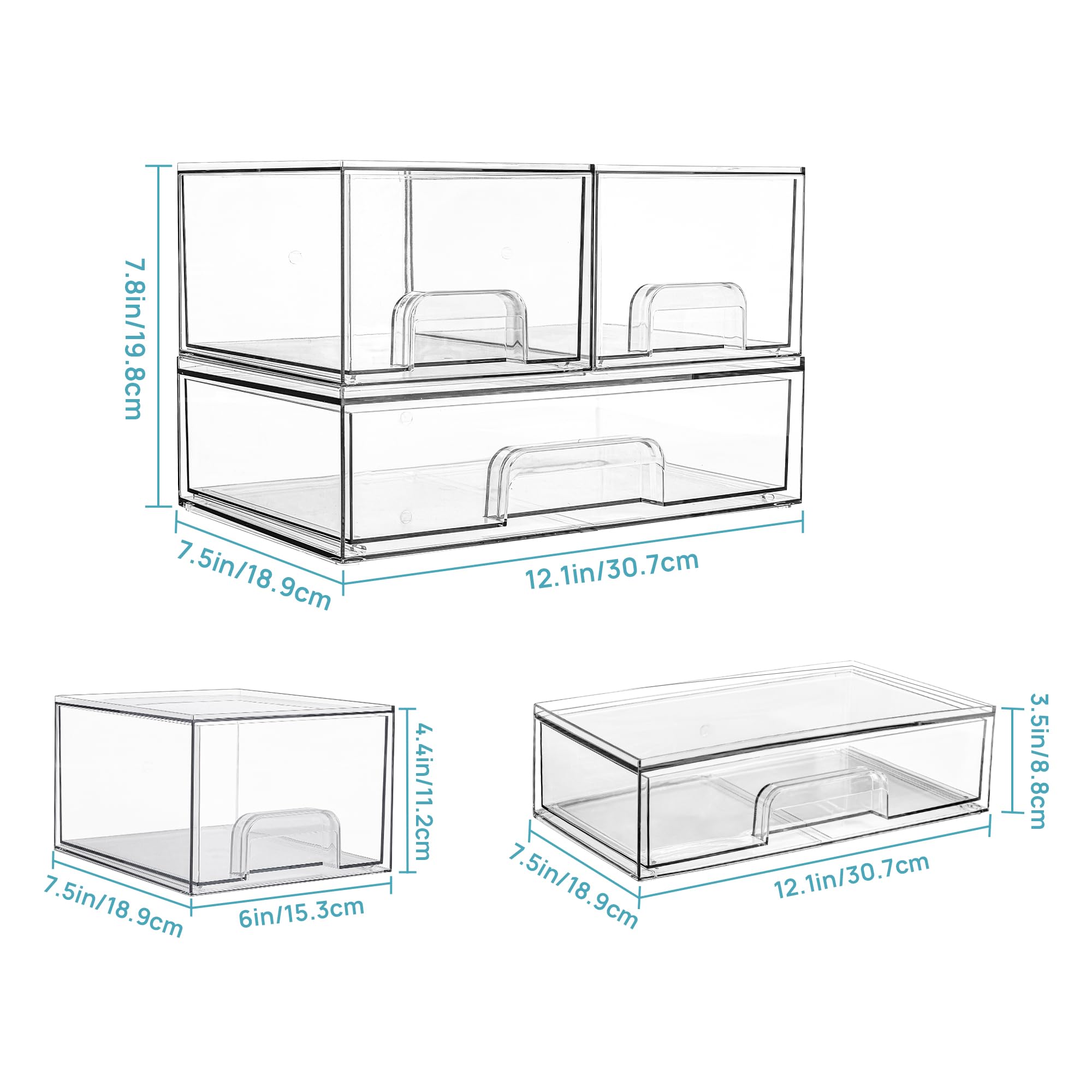 Vtopmart Stackable Storage Drawers Set of 3,Clear Plastic Organizer Bins for Makeup, Cosmetics, Beauty Supplies,Ideal for Vanity, Bathroom,Cabinet,Pantry Organization