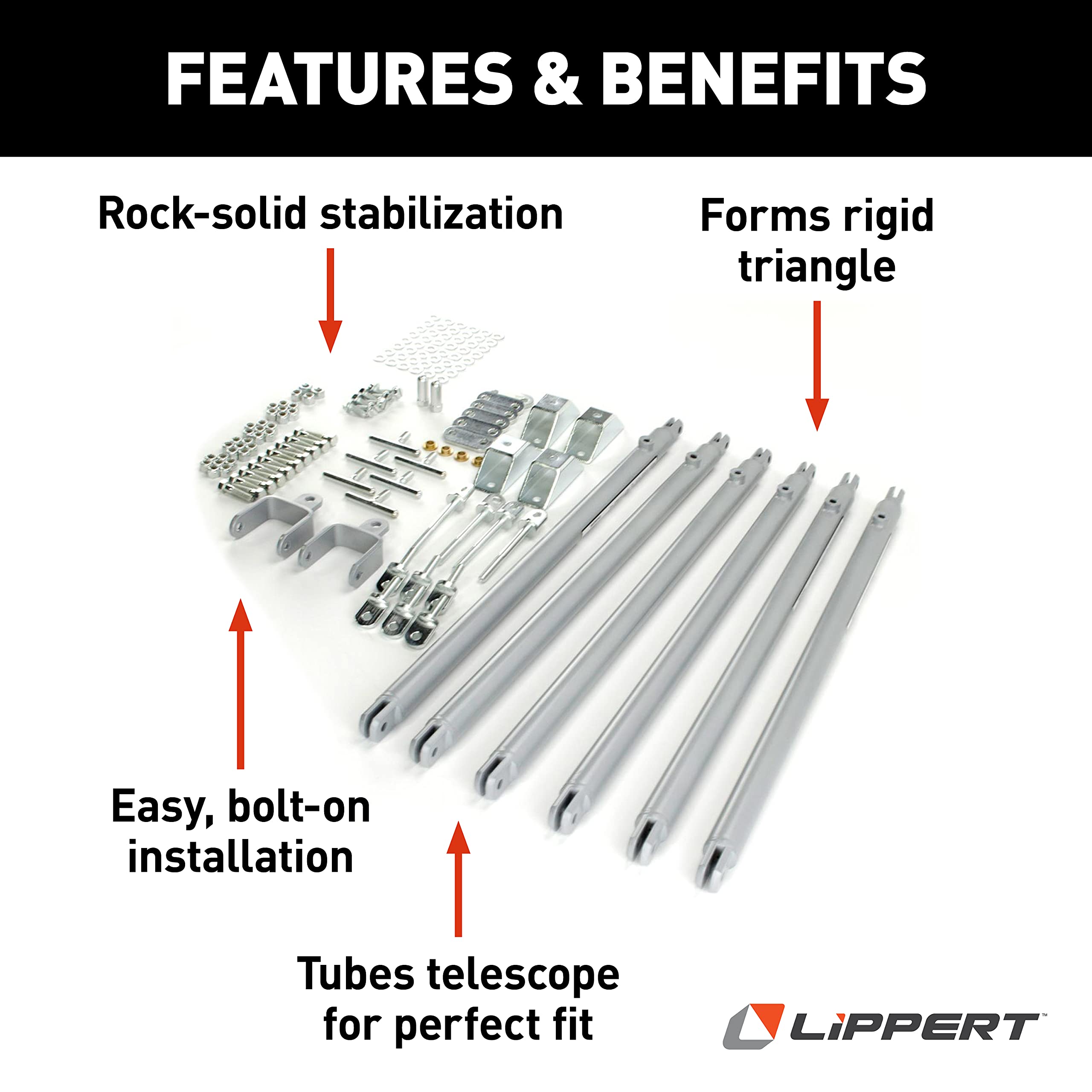 JT's Strong Arm Fifth-Wheel Jack Stabilizer Kit, Bolt-On Installation, Universal Compatibility, Telescoping Tubes, Eliminates Chassis Movement - 191023