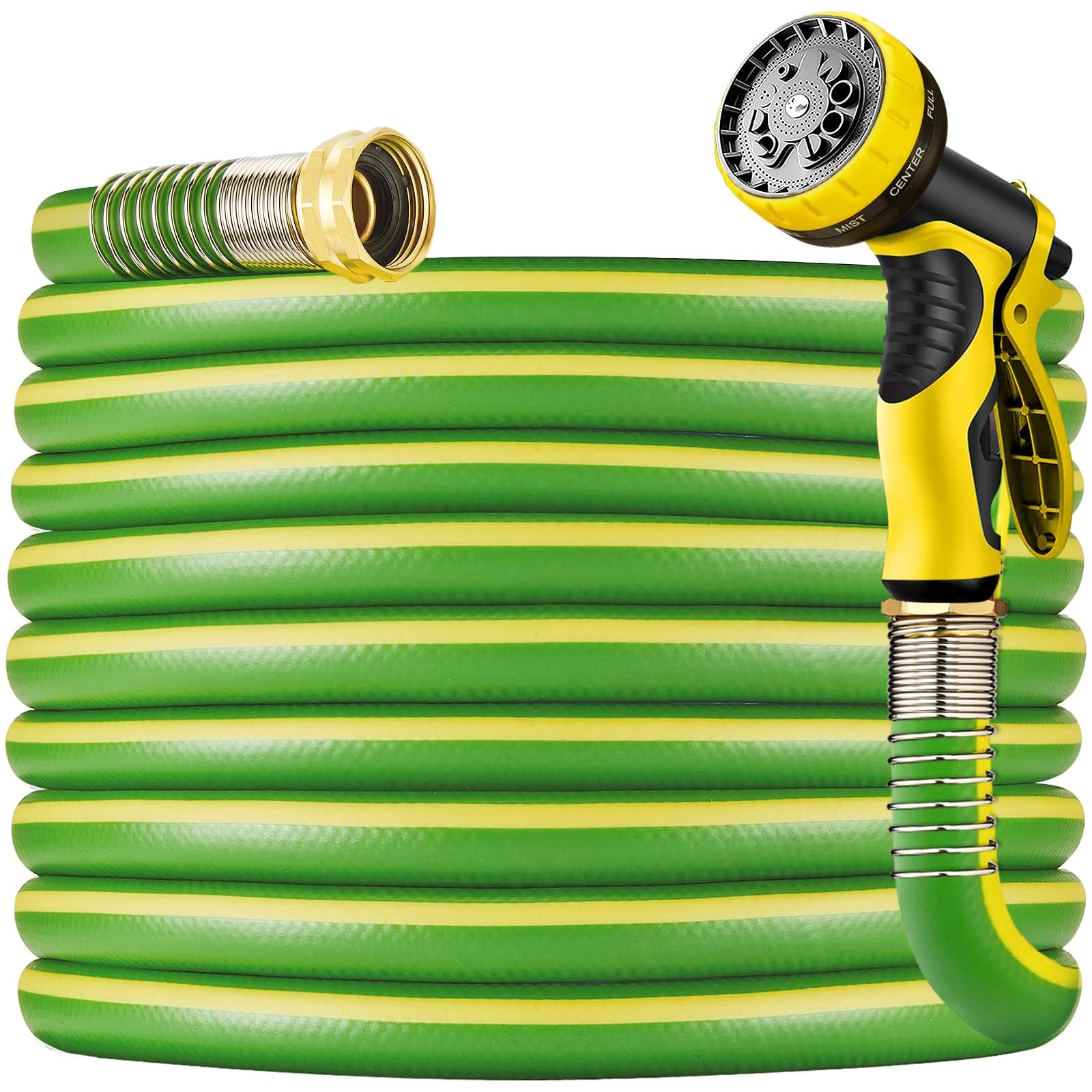 Garden Hose 50 ft x 5/8 in Heavy Duty-Flexible&Lightweight Outdoor Water Hose with 10 Pattern Spray Nozzle,Burst 600psi,Kink-less Hybrid Rubber Car Washing Pipe Hoses for Backyard,3/4''Brass Fittings
