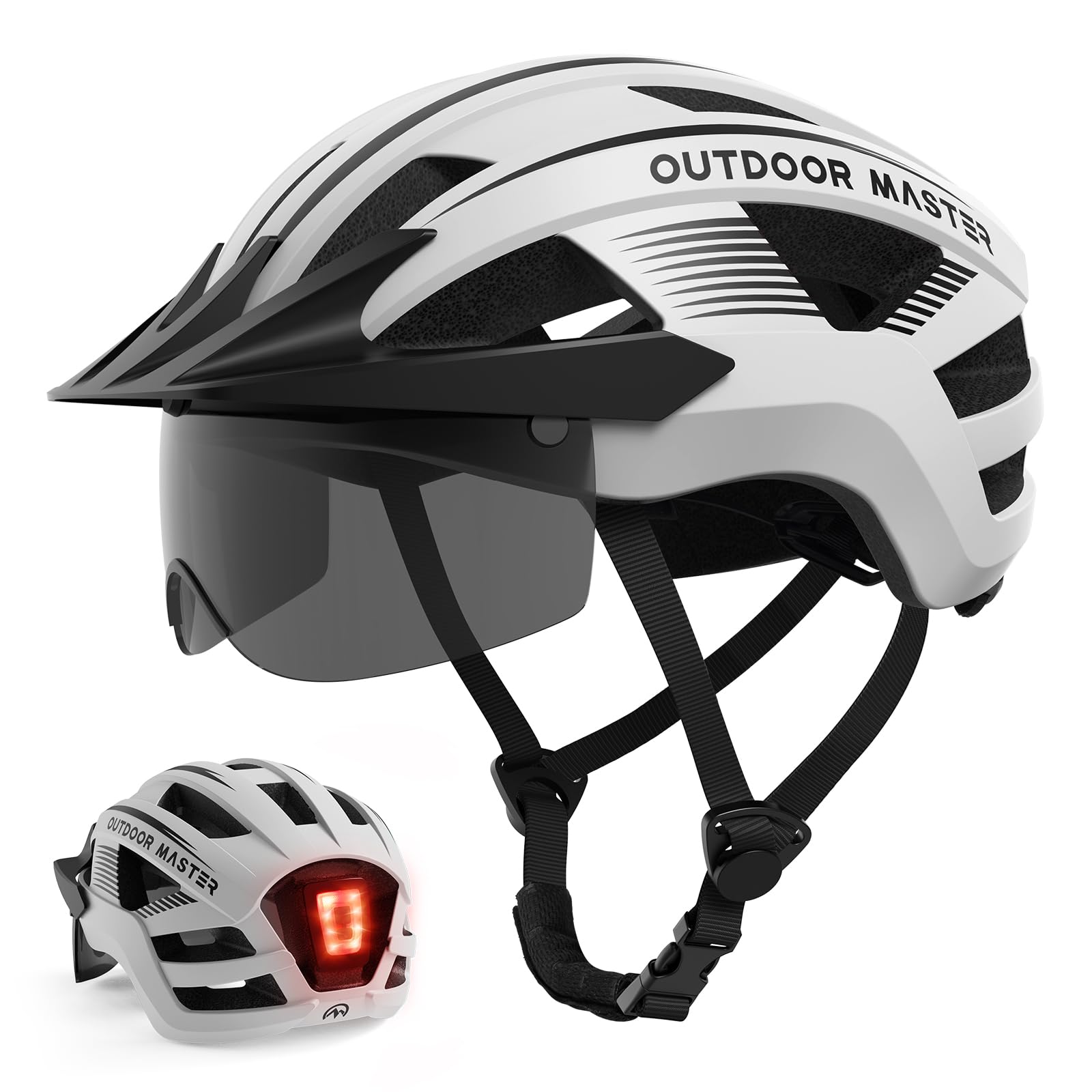 OutdoorMaster Helmets for Adults - Mountain & Road Bike Helmet with Rechargeable Safety Light, Detachable Goggles and Sun Visor - Easy to Adjust, Breathable, Lightweight - Matte White, Medium