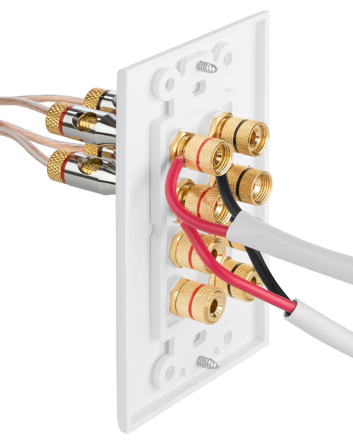 Fosmon (Quad Speaker Home Theater Wall Plate - Premium Quality Gold Plated Copper Banana Binding Post Coupler Type Audio Wall Plate for 4 Speakers (White)