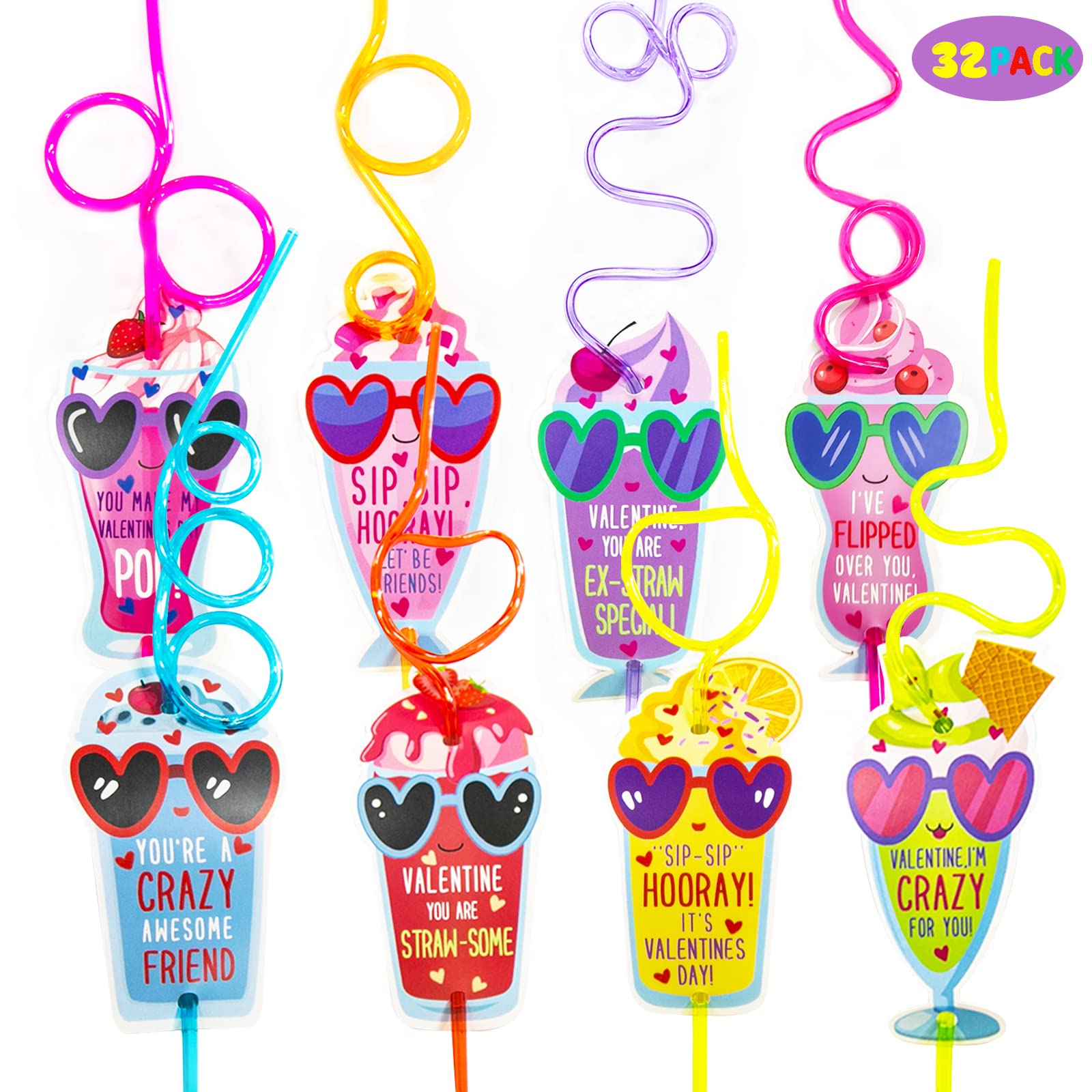 Valentines Day Gifts for Kids - Valentines Day Cards for kids - Set of 32 Crazy Straws Bulk - Valentine Exchange Cards for Girls Boys Toddlers School Class Classroom Party Favors