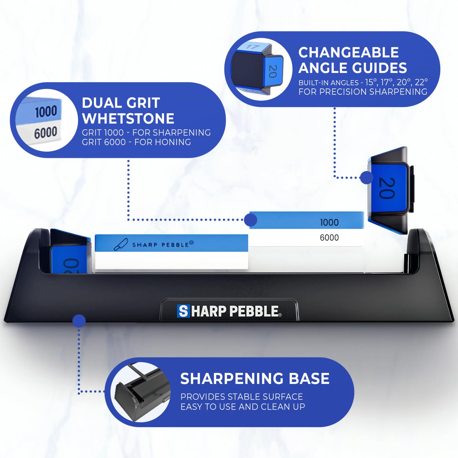 Sharp Pebble Knife Sharpening Stone Kit-Grit 1000/6000 Wet Stone-Built In Angle Guides 15/17/20/22 Degrees- Professional Whetstone Knife Sharpener Stone Set with Plastic Base