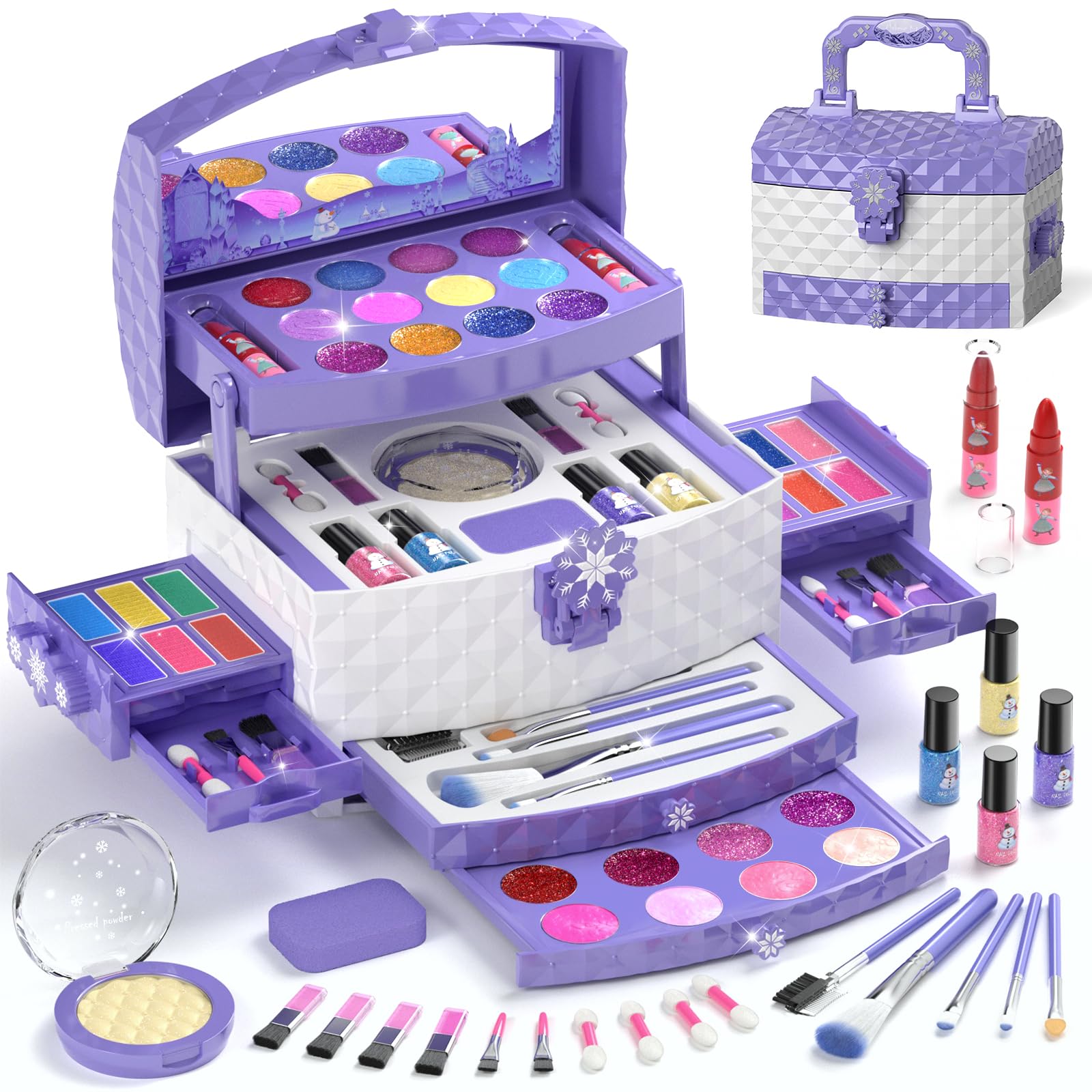 PERRYHOME Kids Makeup Set for Girl 56 Pcs Washable Real Cosmetic, Non-Toxic Frozen Toys Toddler Makeup Kit, Frozen Princess Dress up Game Christmas & Birthday Girl Gift for 3-12(Frozen Purple)